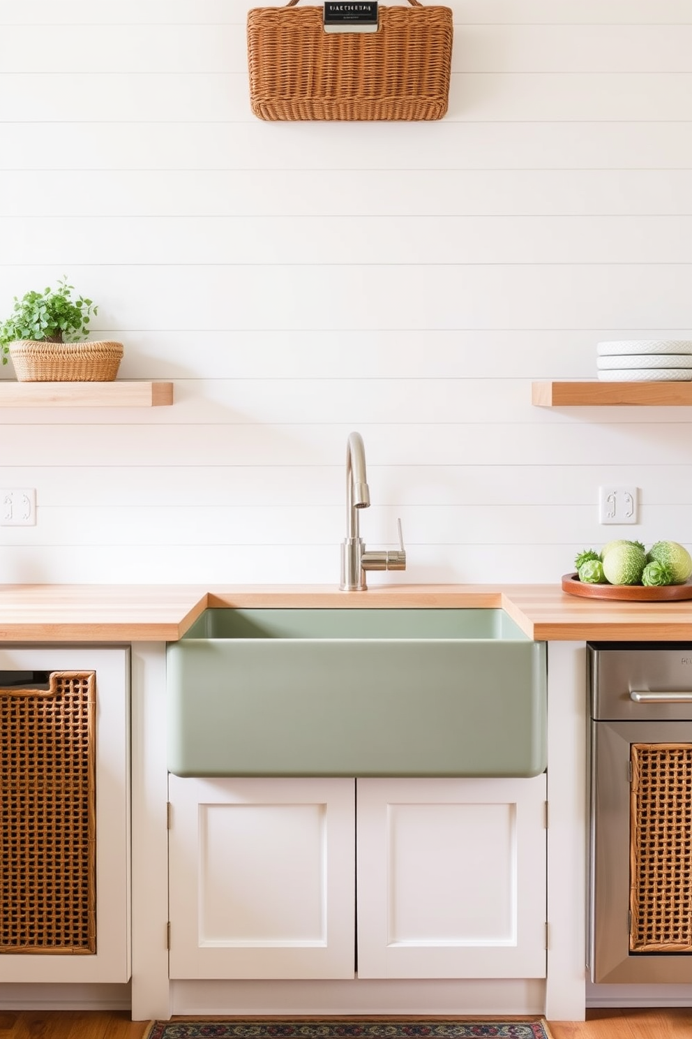 A sage green farmhouse sink is the centerpiece of this kitchen, complemented by rattan accents in the cabinetry. The countertops are a light wood finish, and the walls feature a soft white shiplap for a cozy, inviting atmosphere.