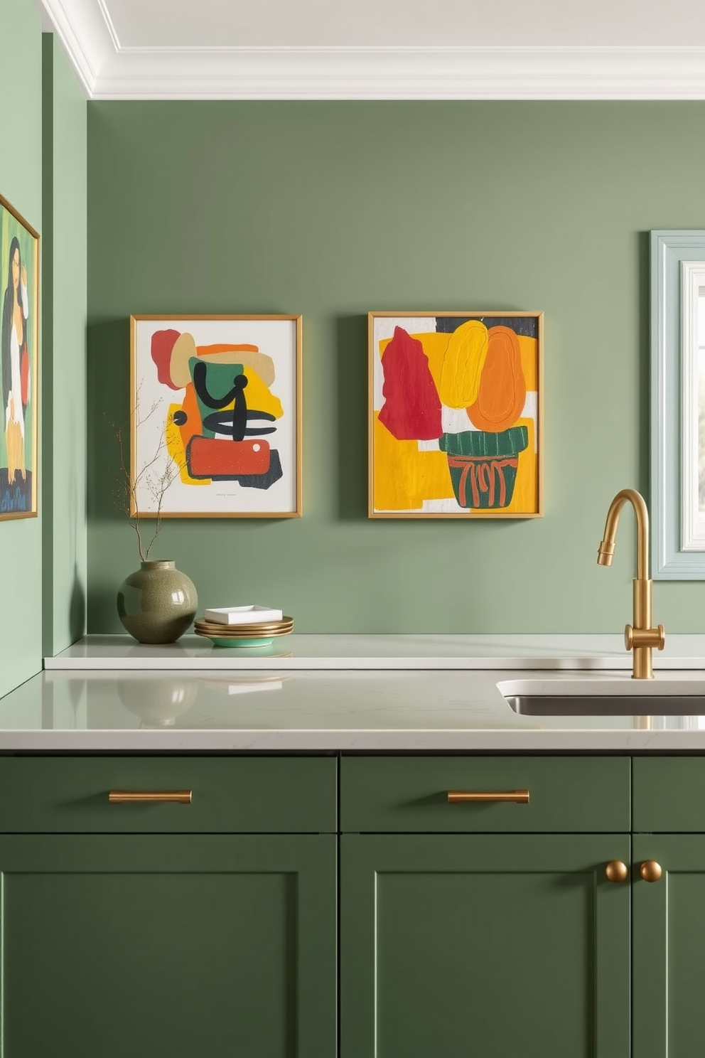 A modern green kitchen with muted green walls adorned with vibrant abstract art pieces. The cabinetry is sleek and minimalist, featuring brass hardware that adds a touch of elegance.