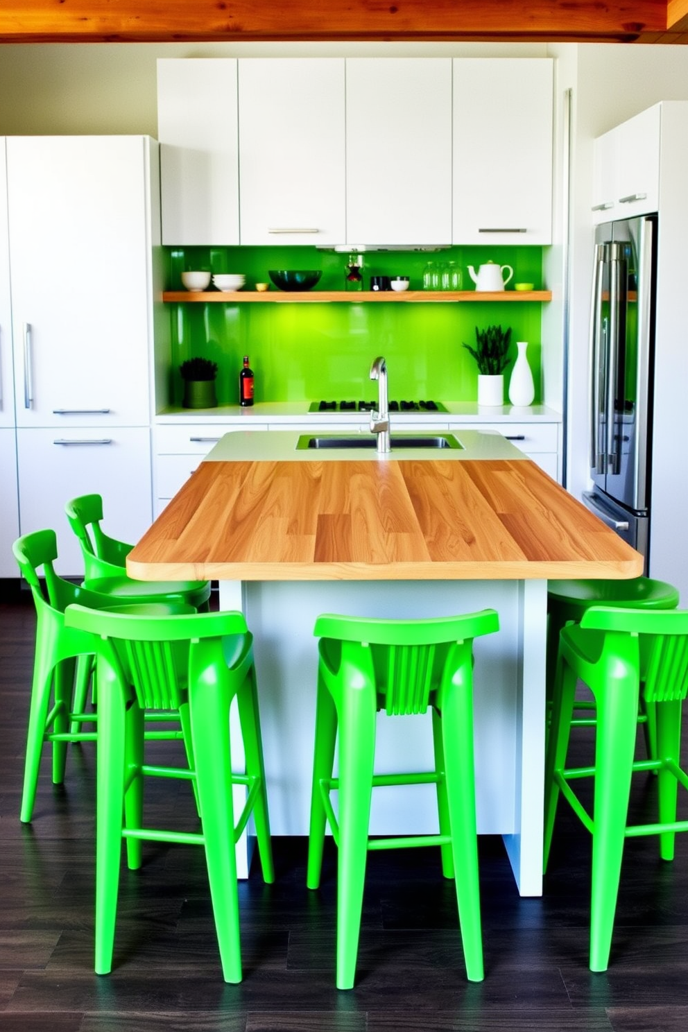 A bright green bar stool set is arranged around a sleek wooden table, creating a lively and inviting atmosphere. The kitchen features modern cabinetry with a fresh white finish, complemented by vibrant green accents throughout the space.