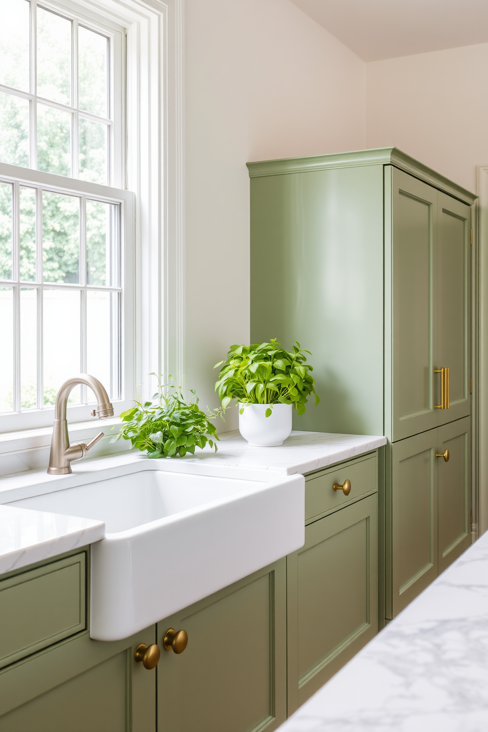 Fresh herb garden on the windowsill in a green kitchen. The cabinets are a soft sage green, complemented by white marble countertops and brass hardware.