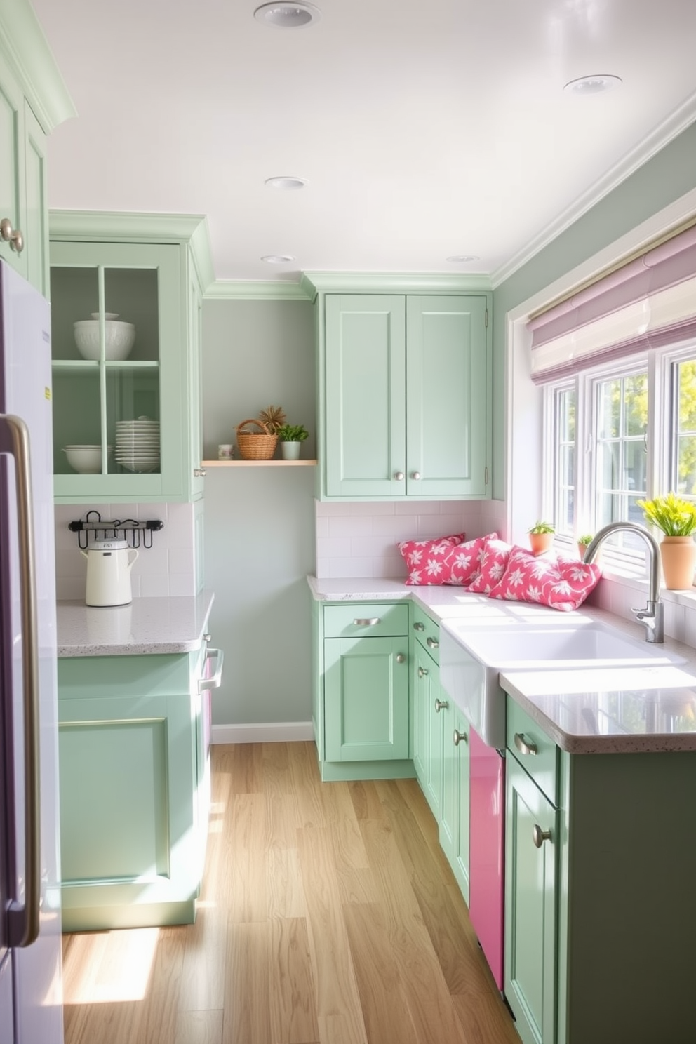 Sage green pantry doors add a touch of subtle charm to the kitchen space. The cabinetry is complemented by white marble countertops and brass hardware, creating a harmonious balance of colors and textures. The kitchen features open shelving adorned with ceramic dishware and potted herbs, enhancing the inviting atmosphere. A large farmhouse sink sits beneath a window, allowing natural light to illuminate the warm wooden accents throughout the design.