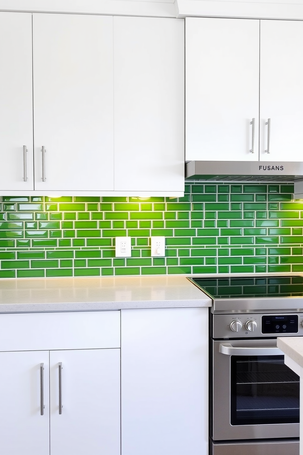 A vibrant kitchen setting with a green tile backsplash that adds a fresh pop of color. The cabinetry is sleek and white, providing a clean and modern contrast to the rich green tiles. The countertops are made of light-colored stone, enhancing the overall brightness of the space. Stainless steel appliances are seamlessly integrated, adding a touch of sophistication to the design.