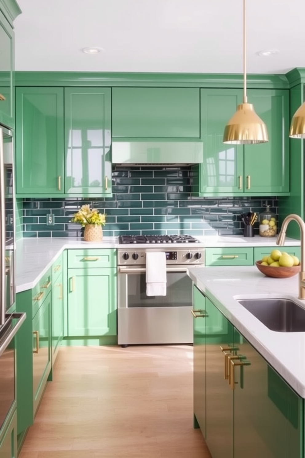 A modern kitchen featuring lime green accents throughout the space. The cabinets are a sleek white with bright lime green handles and open shelving displaying vibrant dishware. The countertops are a polished quartz with subtle veining that complements the green accents. A large island in the center provides ample workspace and includes bar stools with lime green cushions for a pop of color.