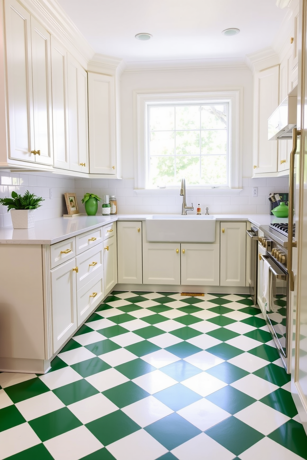 A bright and airy kitchen featuring green and white checkerboard flooring that adds a playful yet elegant touch. The cabinets are a soft white with gold hardware, complementing the vibrant green accents throughout the space. A large farmhouse sink is positioned under a window, allowing natural light to flood the room. The countertops are a sleek white quartz, providing a clean contrast to the bold flooring and cabinetry.