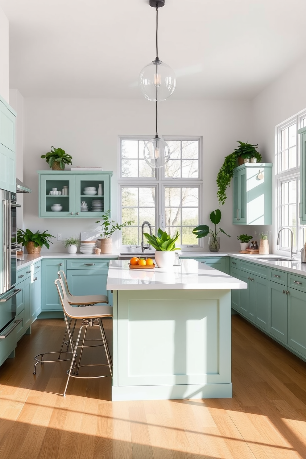 A mint green kitchen island features a sleek white countertop that contrasts beautifully with the cabinetry. The space is bright and airy, enhanced by large windows that allow natural light to flood the room. Stylish bar stools with a modern design are positioned around the island, inviting casual dining and conversation. The kitchen is adorned with decorative plants and contemporary fixtures, creating a fresh and inviting atmosphere.