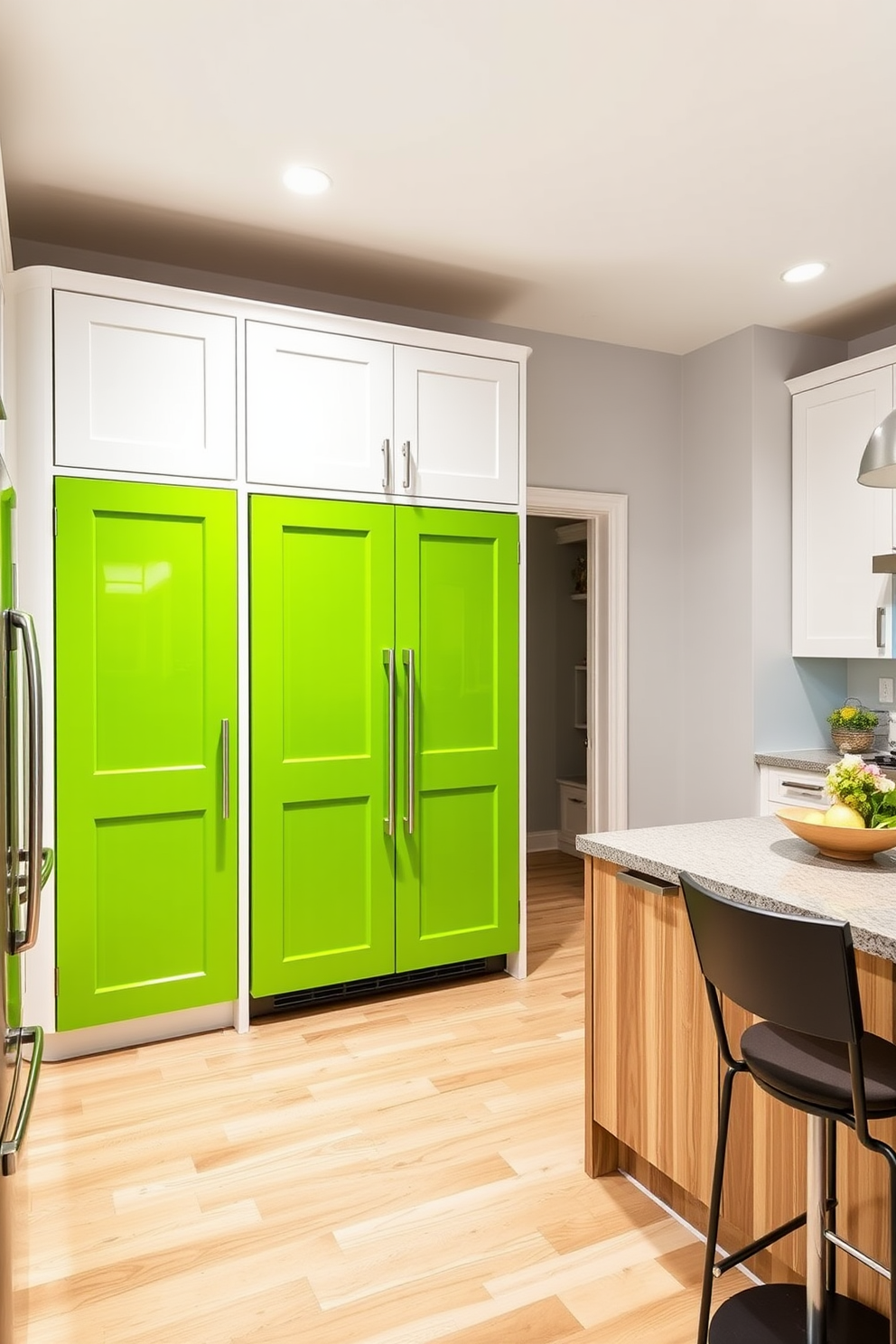 A vibrant kitchen featuring lime green pantry doors that serve as a bold accent. The cabinetry is a mix of white and light wood, complemented by sleek stainless steel appliances and a spacious island with bar seating.