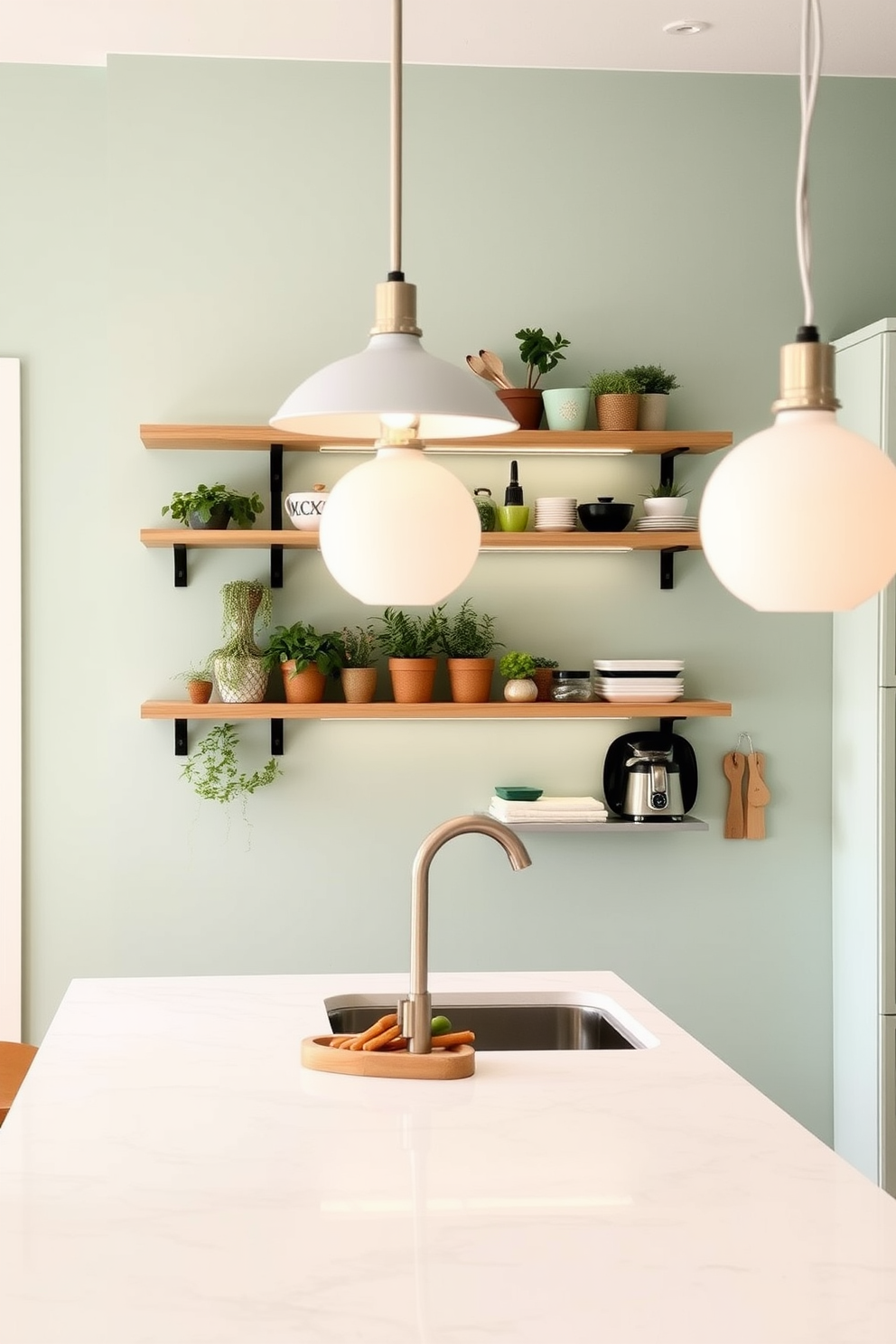 A cozy kitchen space featuring subtle mint green walls that create a refreshing ambiance. Wooden shelves are mounted on the walls, displaying an array of potted herbs and stylish kitchenware. The kitchen island is topped with a light-colored quartz countertop, providing ample space for meal preparation. Modern pendant lights hang above the island, adding a touch of elegance and warmth to the design.