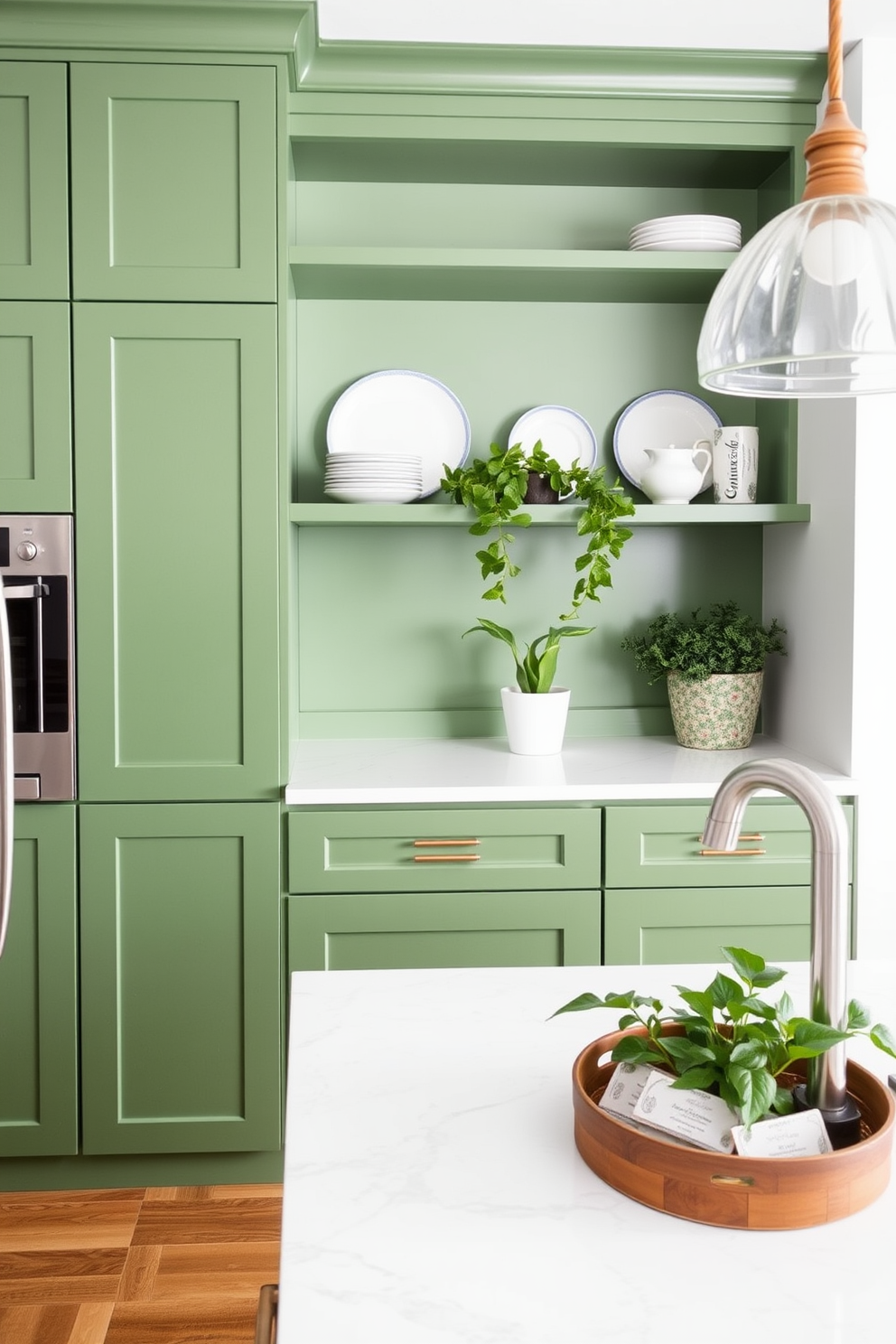 A modern kitchen featuring green cabinetry with open shelving that displays elegant dishware and plants. The countertops are a crisp white quartz, complementing the vibrant green and creating a fresh and inviting atmosphere.