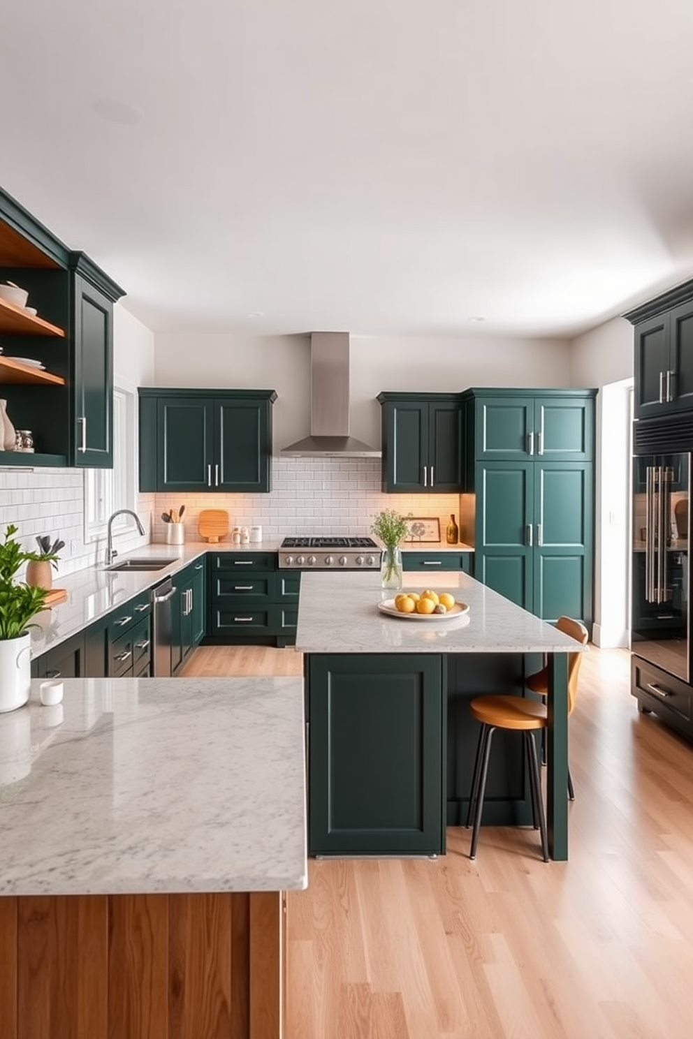 A modern kitchen featuring dark green cabinets that create a striking contrast against light-colored walls. The spacious layout includes a large island with bar seating, complemented by sleek stainless steel appliances and warm wooden accents.