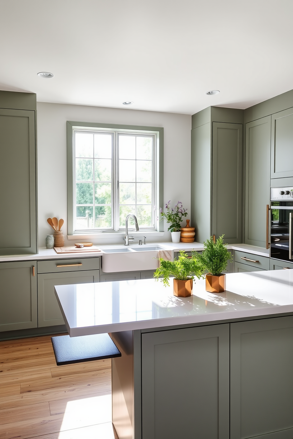 A serene kitchen space bathed in muted sage green hues. The cabinetry features sleek lines and is complemented by natural wood accents, creating a harmonious balance with the abundant natural light streaming in through large windows. The countertops are made of white quartz, providing a clean contrast to the soft green tones. A central island with bar seating invites gatherings, adorned with fresh herbs in stylish pots for a touch of nature.