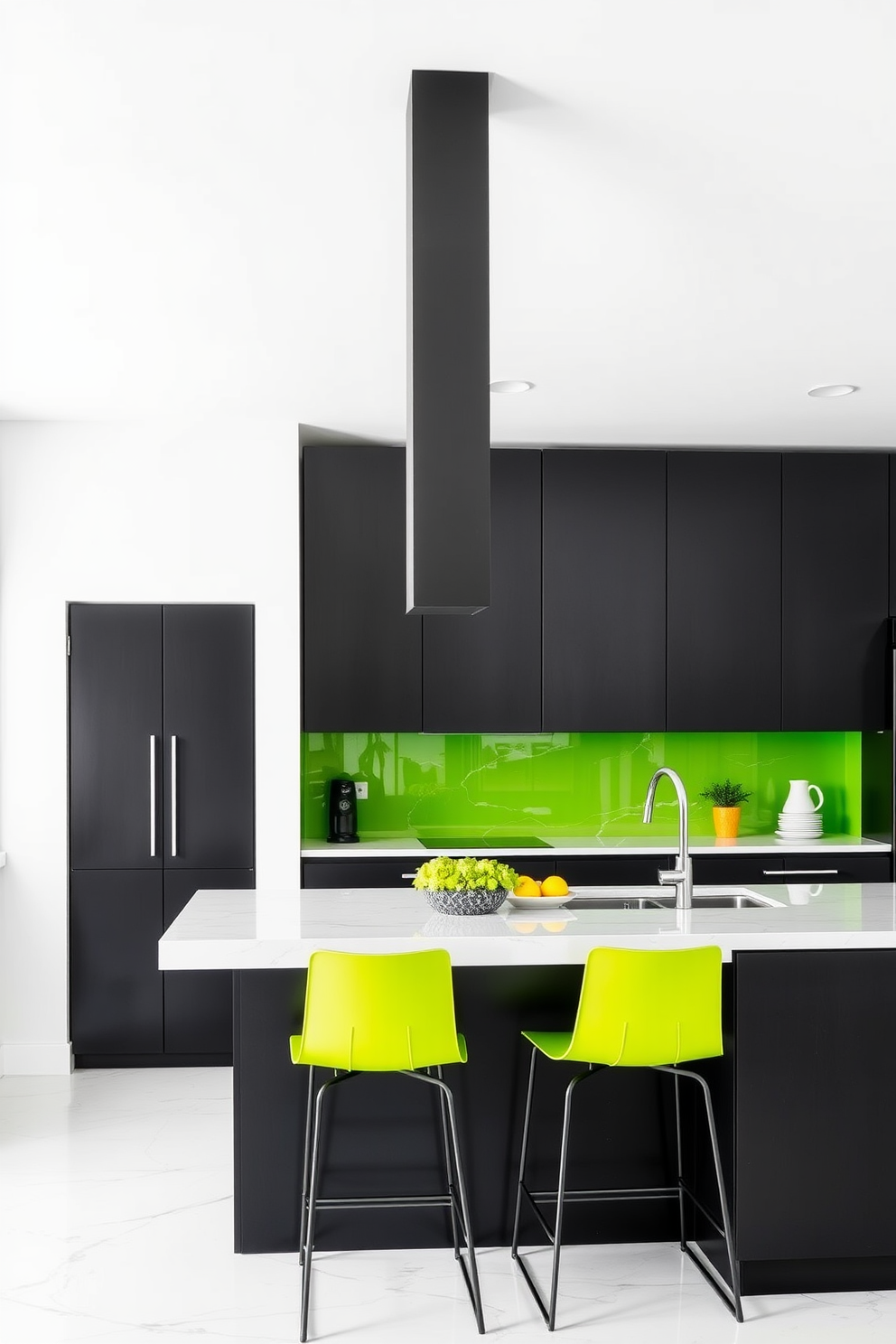 A sleek monochrome kitchen featuring bright green accents throughout. The cabinetry is a deep matte black, and the countertops are a polished white with subtle veining. Bright green bar stools are positioned at the kitchen island, adding a pop of color. A vibrant green backsplash complements the overall design, enhancing the modern aesthetic.