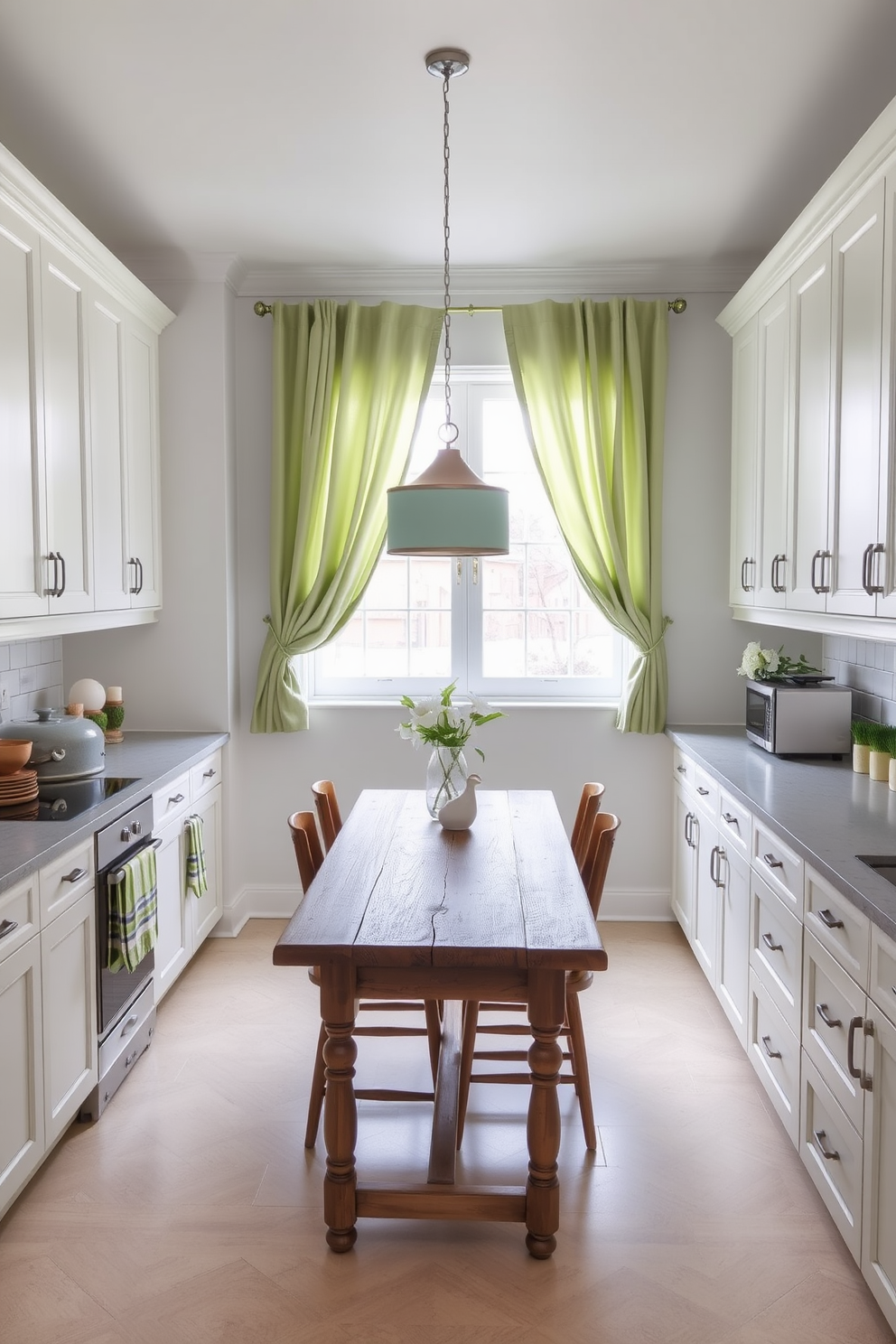 A serene kitchen space featuring soft green curtains that gently frame a window, allowing natural light to filter in. The cabinets are a crisp white, providing a clean and fresh contrast to the green accents throughout the room. The countertops are a light gray stone, complementing the cabinetry while adding a touch of elegance. A rustic wooden dining table sits in the center, surrounded by comfortable chairs that invite gatherings and family meals.