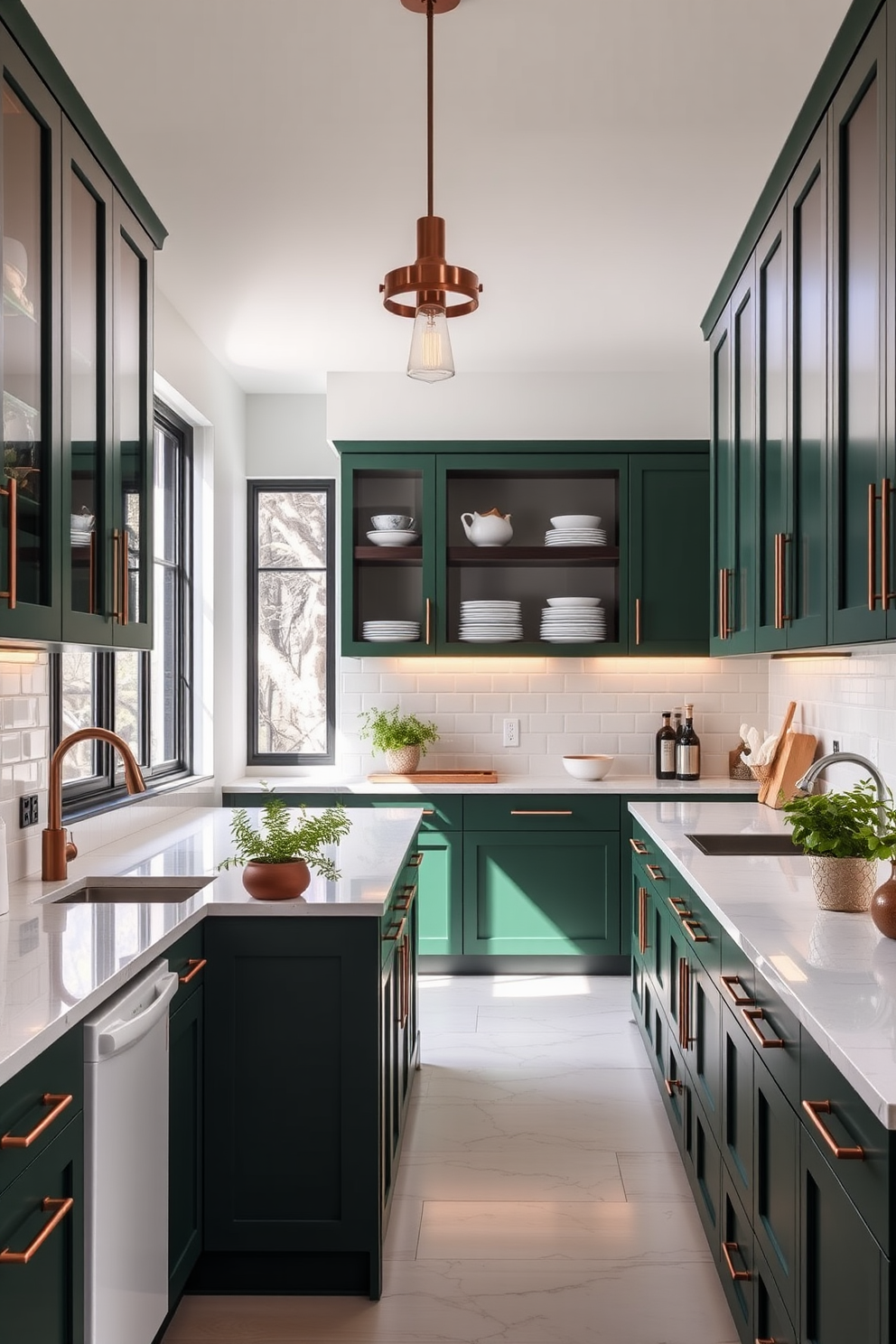 A bright and airy kitchen with dusty green walls that create a calming atmosphere. Colorful artwork adorns the walls, adding vibrant splashes of color and personality to the space. The kitchen features sleek white cabinetry with brass hardware, providing a modern touch. A large island in the center is topped with a white quartz countertop, perfect for meal prep and casual dining.