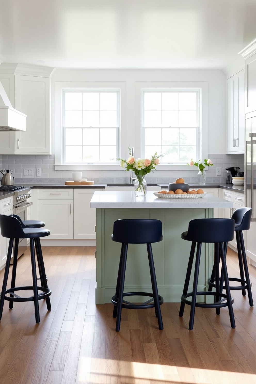 A pale green kitchen island stands at the center of a bright and airy kitchen. Surrounding the island are contrasting stools in a deep navy blue, creating a striking visual contrast. The cabinetry features sleek white finishes that complement the soft tones of the island. Natural light floods the space through large windows, highlighting the harmonious blend of colors and textures.