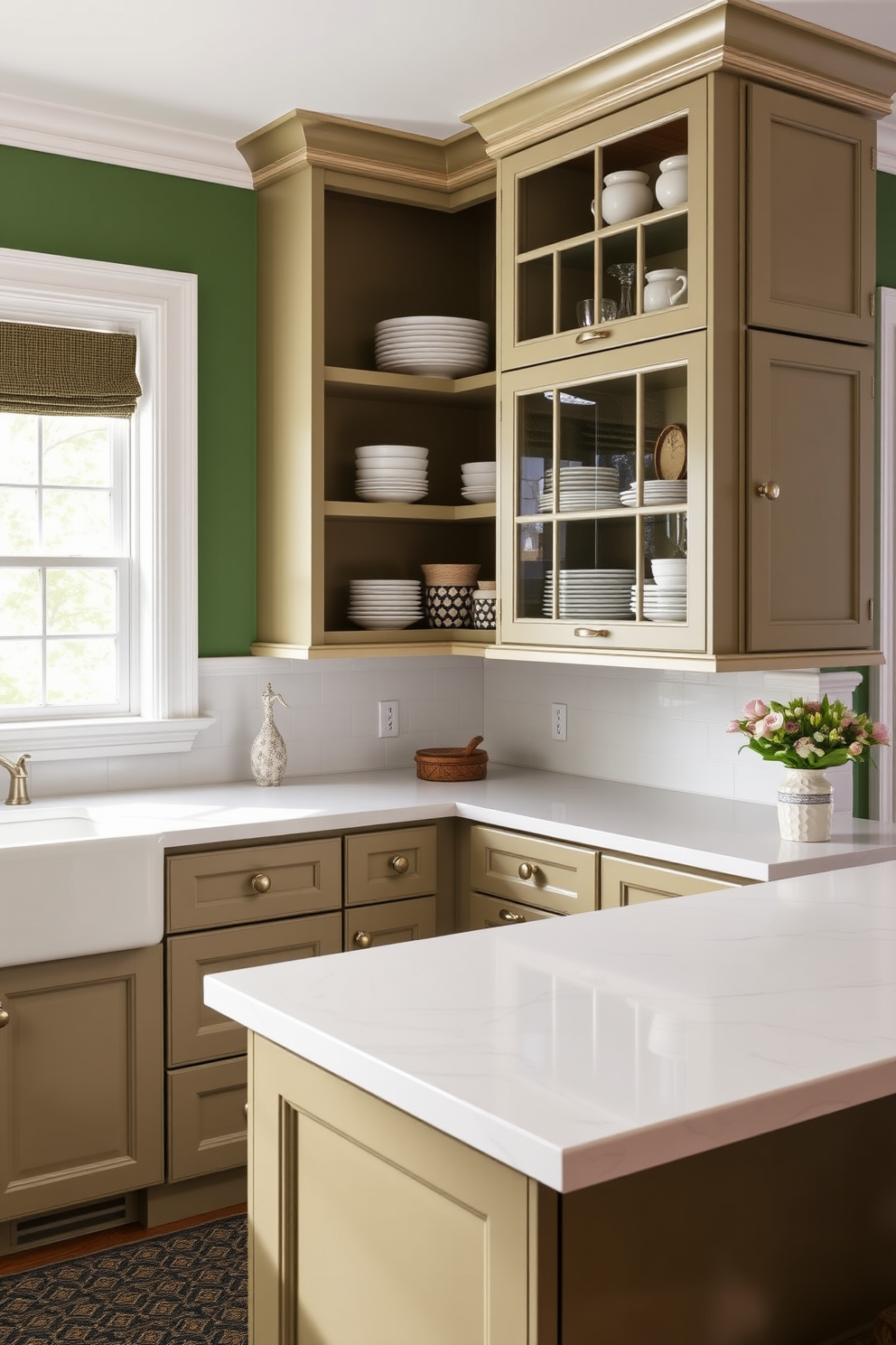 A bright and airy kitchen featuring pastel green cabinetry with gold hardware. The countertops are white marble, and a stylish island with seating is positioned in the center, adorned with fresh flowers in a gold vase. Natural light floods the space through large windows, highlighting the elegant backsplash in soft green tiles. A cozy dining nook with pastel green chairs complements the overall design, creating a welcoming atmosphere.