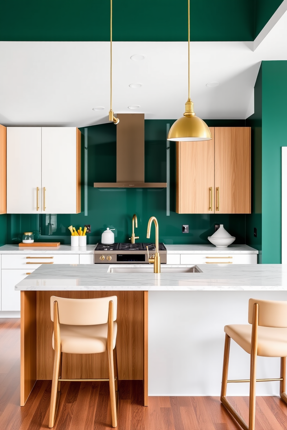 A vibrant kitchen featuring a deep forest green accent wall that adds a rich and inviting atmosphere. The cabinetry is a mix of sleek white and natural wood finishes, complemented by brass hardware and modern light fixtures. The kitchen island showcases a beautiful quartz countertop with subtle veining, providing ample space for meal preparation. Surrounding the island are stylish bar stools that invite casual dining and conversation.