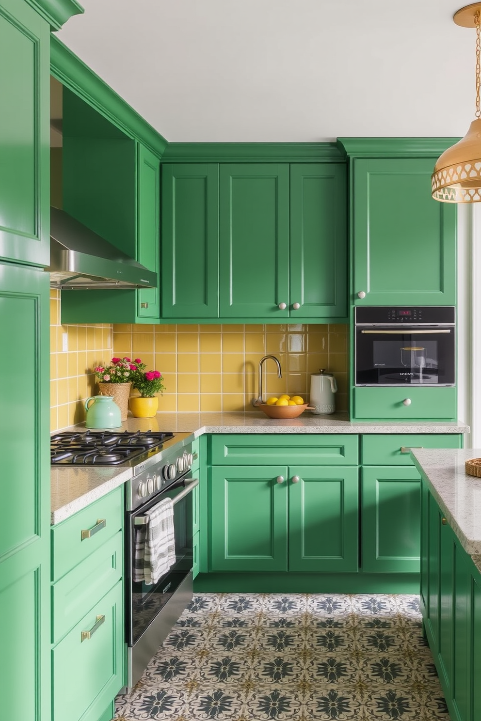 A bright and airy kitchen featuring soft green tiles arranged in a herringbone pattern. The cabinetry is a crisp white with sleek gold hardware, creating a fresh and inviting atmosphere. A large island in the center is topped with a light marble surface, providing ample space for meal prep and casual dining. Pendant lights with a modern design hang above the island, adding a touch of elegance to the overall design.