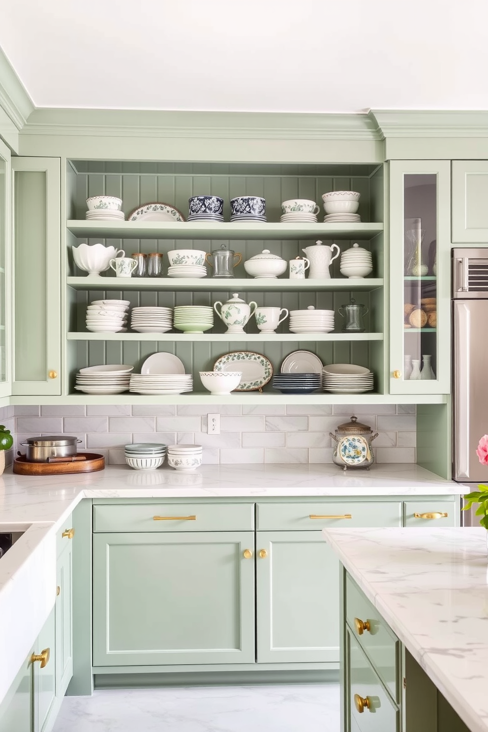 A pale green kitchen features open shelving adorned with vintage dishes, creating a charming and inviting atmosphere. The cabinetry is complemented by brass hardware, and the countertops are a light marble, enhancing the overall elegance of the space.