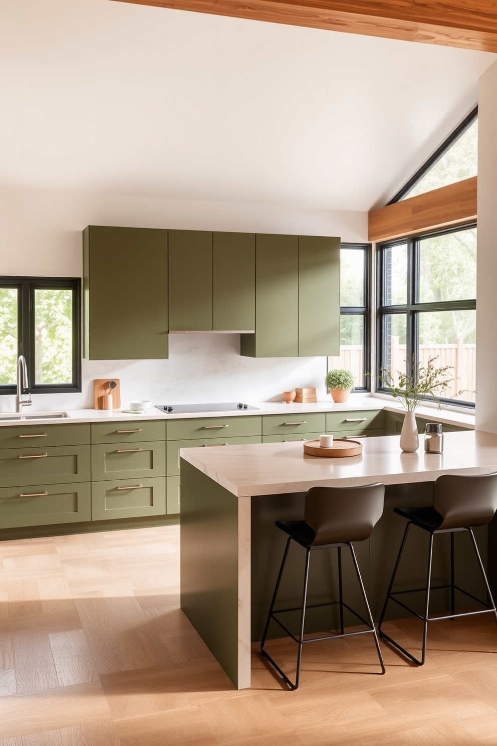 A modern kitchen featuring olive green cabinets with sleek lines and warm wood accents. The countertops are a light natural stone, complementing the cabinetry and enhancing the overall aesthetic. The kitchen island is topped with a matching stone surface and includes stylish bar stools for seating. Large windows allow natural light to flood the space, highlighting the harmonious color palette and creating an inviting atmosphere.