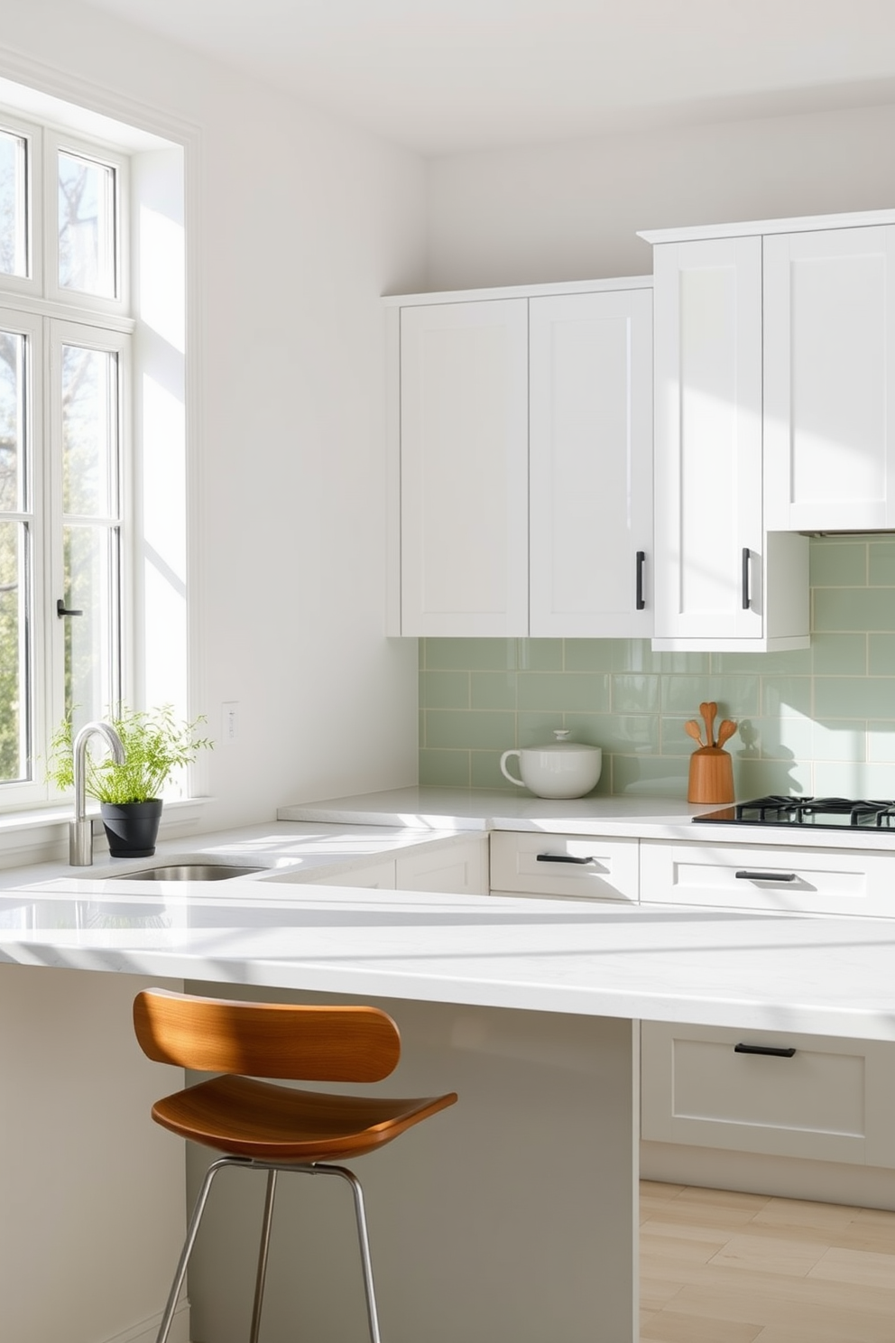 A bright and airy kitchen featuring a soft green backsplash that complements the crisp white cabinets. The countertops are made of light marble, and natural light floods the space through large windows. Stylish bar stools with wooden accents are placed at the kitchen island, creating a cozy seating area. Potted herbs sit on the windowsill, adding a touch of greenery and freshness to the design.