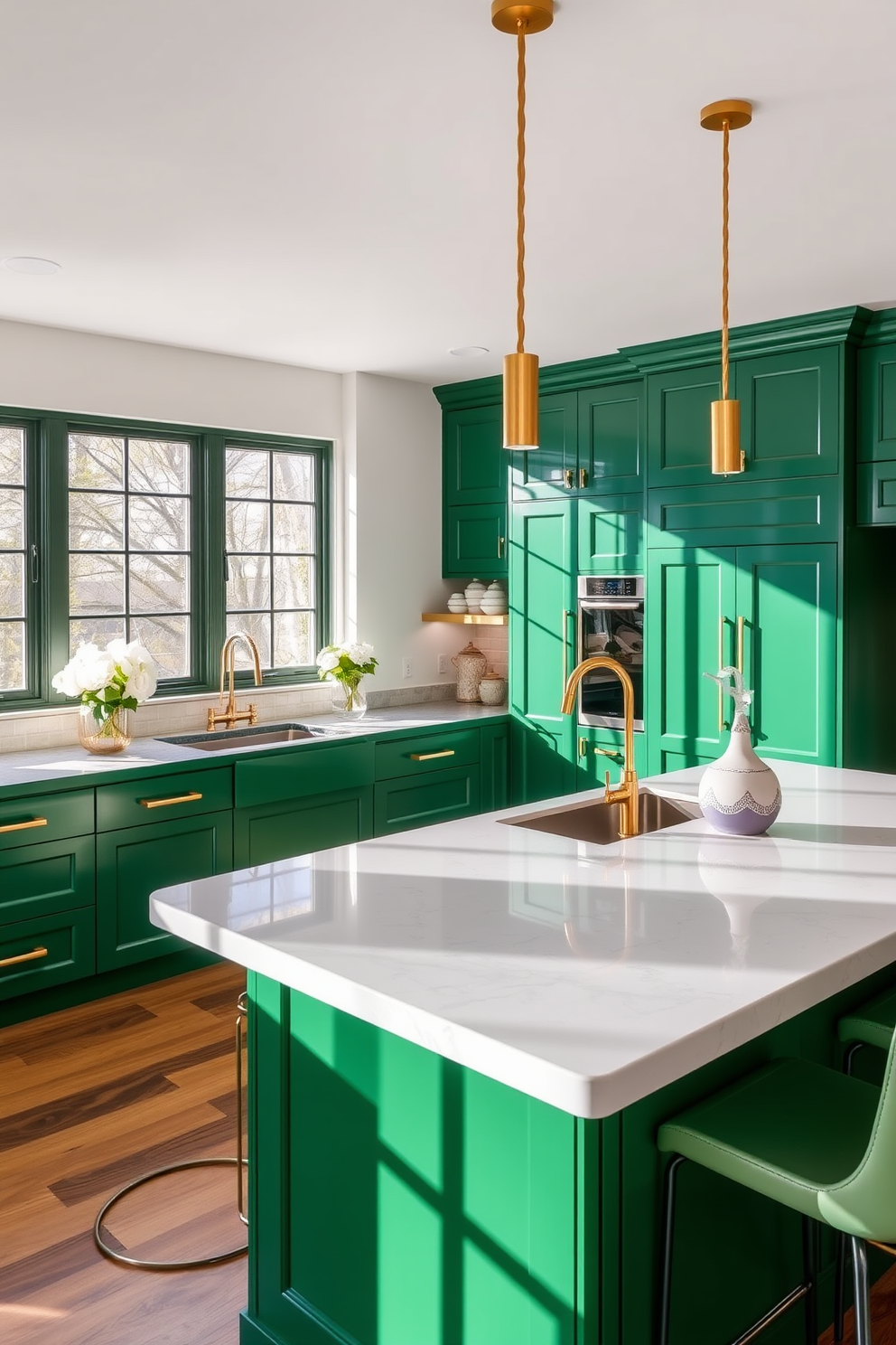 Emerald green cabinets with sleek marble countertops create a striking focal point in the kitchen. The space is illuminated by natural light streaming in through large windows, enhancing the rich color of the cabinetry. Open shelving above the countertops showcases elegant dishware and decorative items. A modern island with bar seating invites casual dining and social gatherings in this stylish kitchen design.