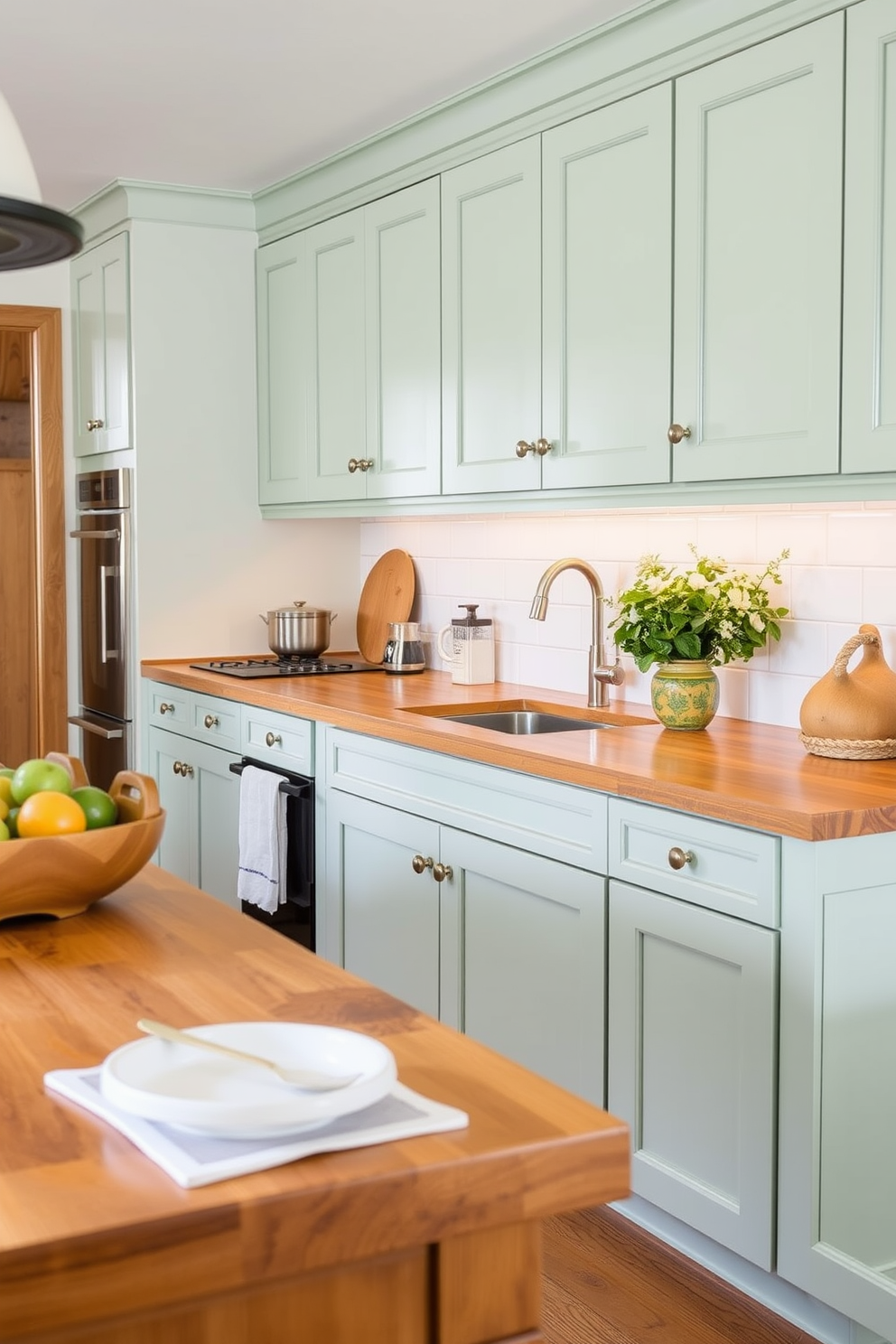 A bright and airy kitchen featuring pale green open shelving adorned with an array of elegant glassware. The countertops are made of white quartz, and the backsplash showcases a delicate mosaic pattern that complements the green accents.