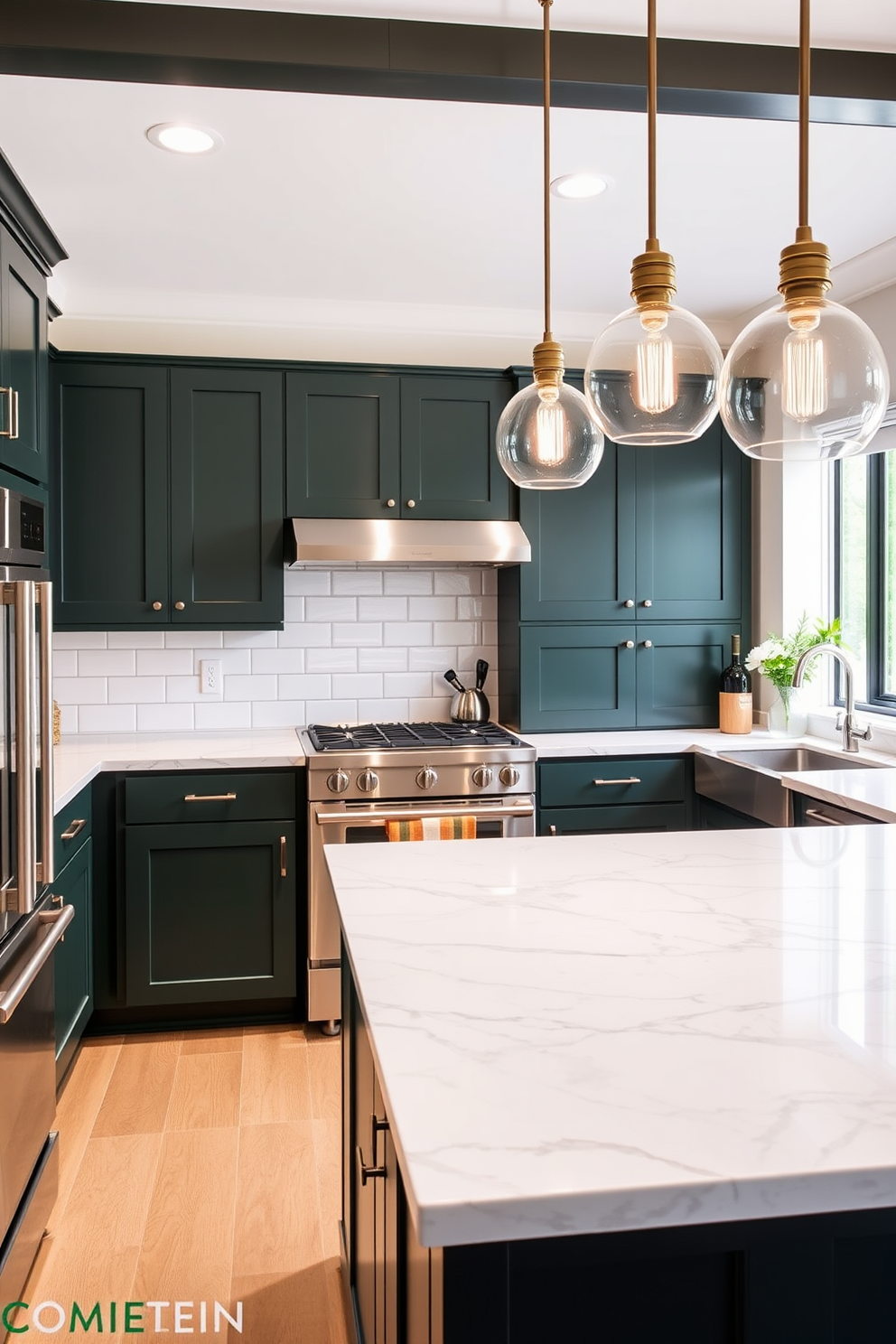 A modern kitchen featuring dark green cabinets that provide a rich contrast against the bright marble countertops. The space is illuminated by pendant lights hanging above an island, creating an inviting atmosphere for cooking and entertaining. The backsplash is adorned with white subway tiles, adding a classic touch to the contemporary design. Sleek stainless steel appliances complement the overall aesthetic, enhancing the functionality of this stylish kitchen.