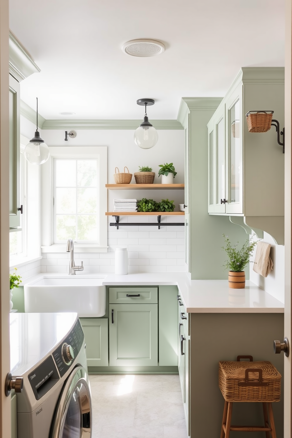 Sage green cabinets are paired with crisp white countertops, creating a fresh and inviting atmosphere in the laundry room. The space features open shelving above the cabinets, adorned with decorative baskets and plants for added charm. A large farmhouse sink sits beneath a window, allowing natural light to flood the room. Stylish pendant lights hang from the ceiling, illuminating the area and enhancing the overall aesthetic.