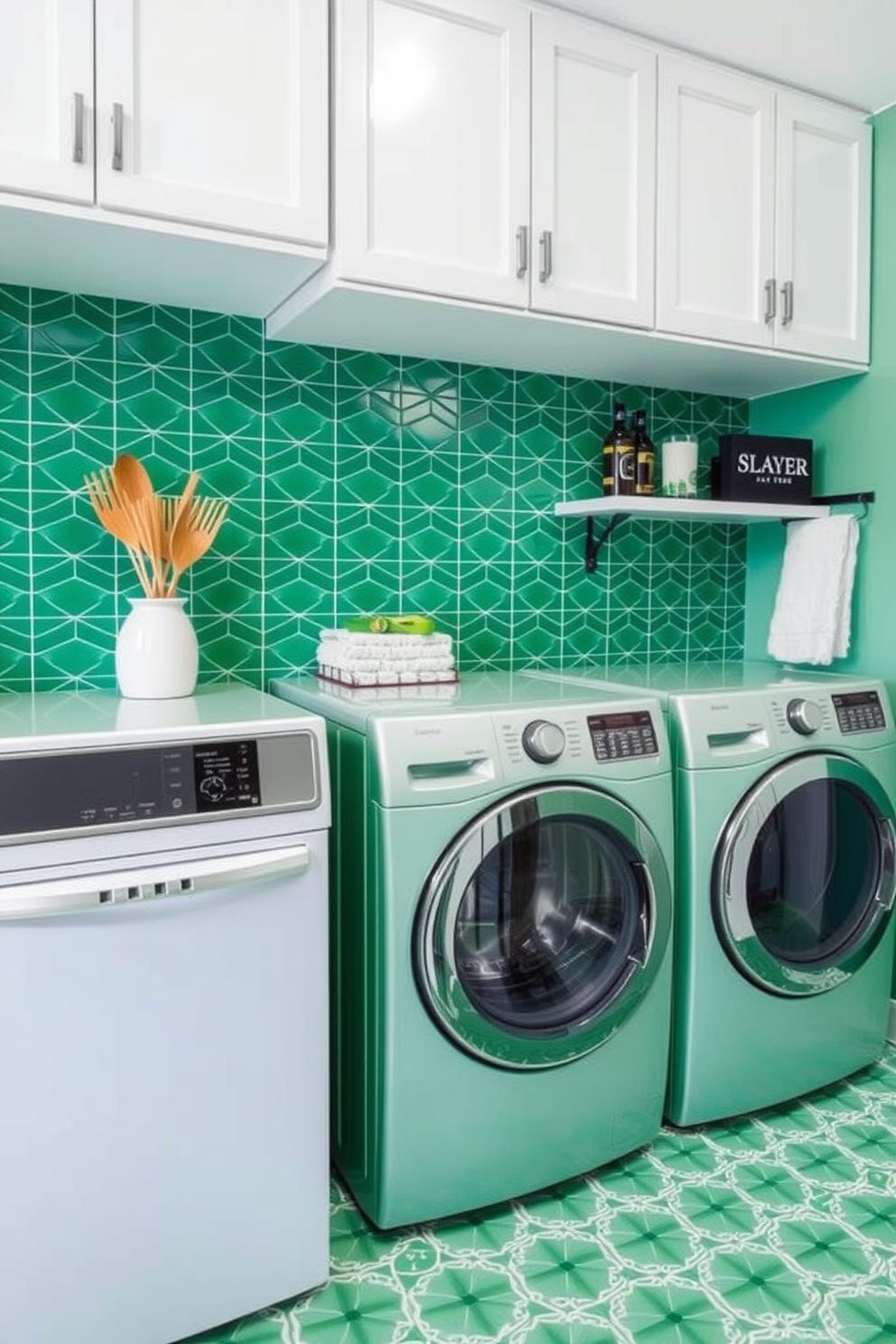 A bright and airy laundry room featuring lime green laundry baskets and organizers that add a pop of color to the space. The walls are painted in a soft white, creating a fresh backdrop for the vibrant green accents. Stylish shelving units are installed to hold the baskets, while a spacious countertop provides ample space for folding clothes. Natural light streams in through a large window, enhancing the cheerful atmosphere of this functional laundry area.