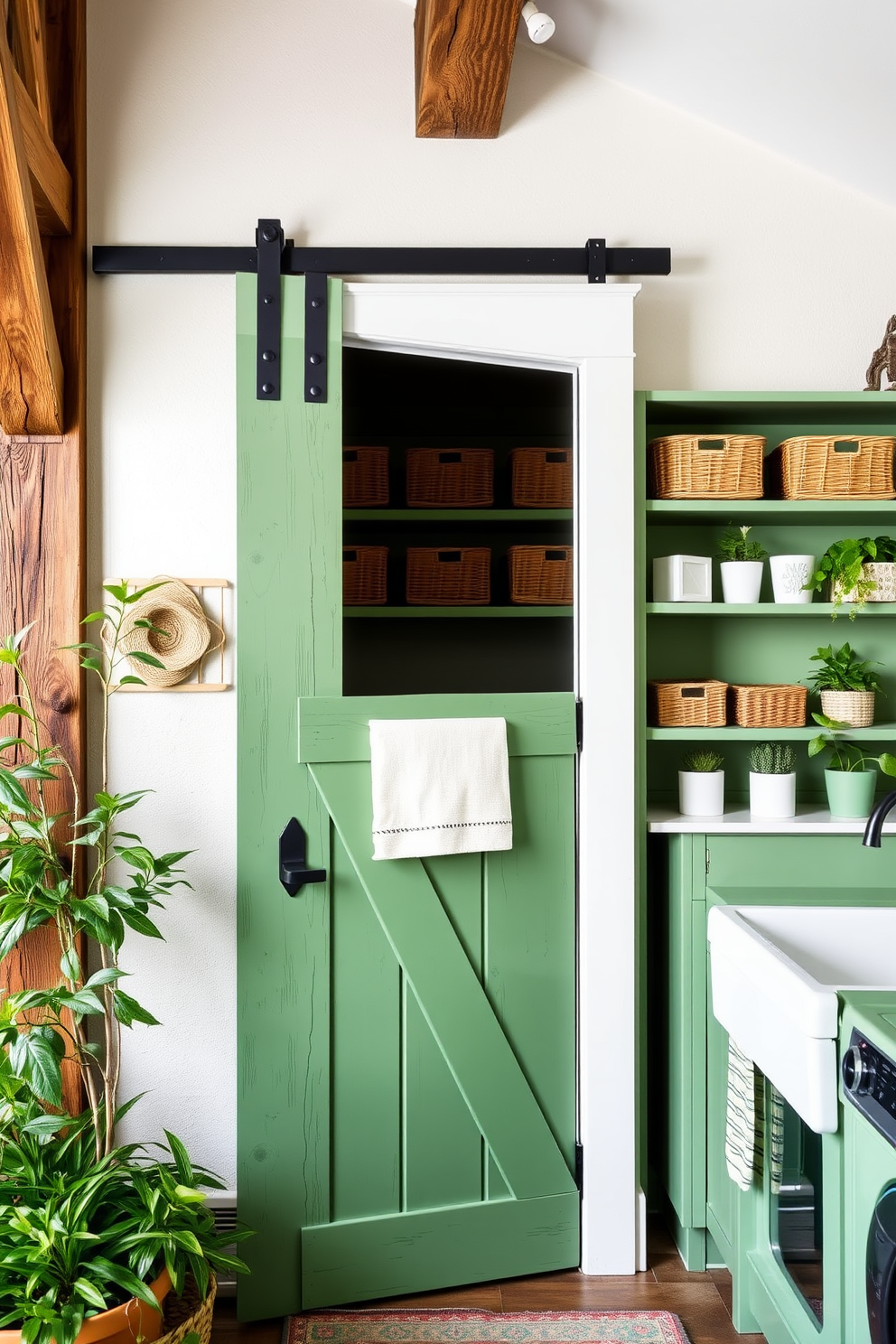 A rustic green barn door serves as a charming entryway feature that adds character to the home. The door is framed by exposed wooden beams and surrounded by potted plants for a welcoming touch. The laundry room is designed with a fresh green color palette that brings a sense of tranquility. Open shelving displays neatly arranged baskets and plants, while a farmhouse sink adds functionality and style.