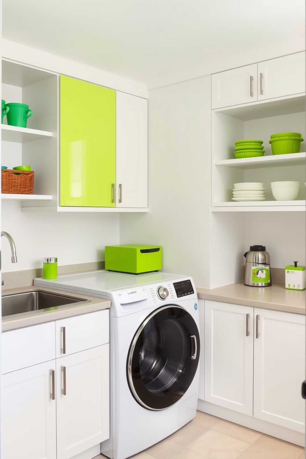 A vibrant laundry room featuring lime green appliances that stand out against a backdrop of sleek white cabinetry. The walls are painted in a soft neutral tone, creating a bright and airy atmosphere while enhancing the colorful accents.