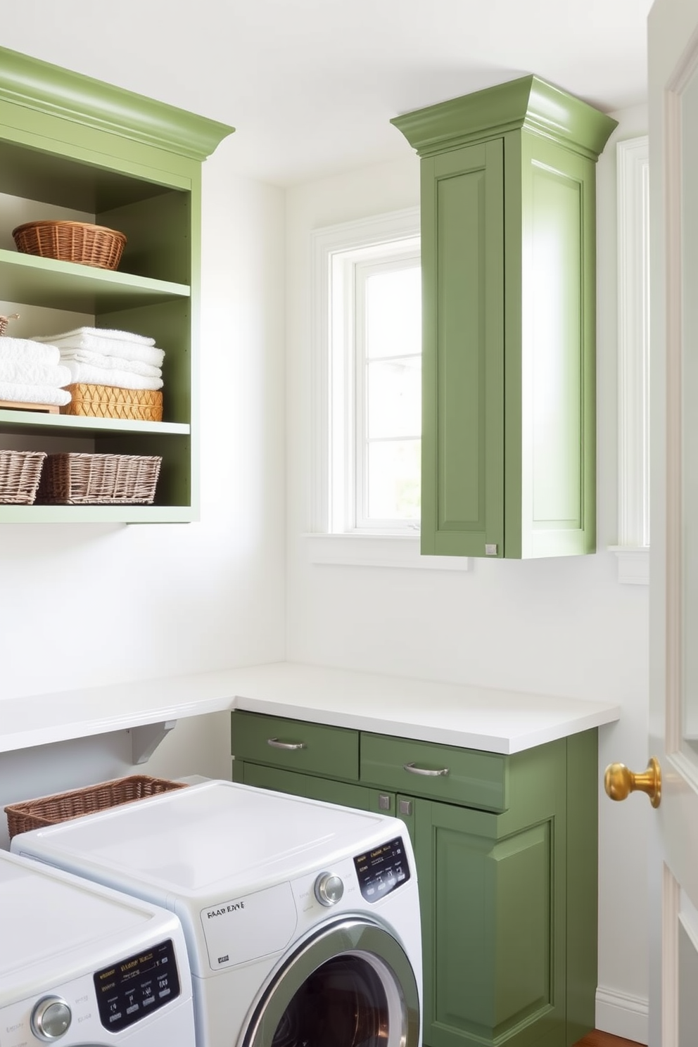 A bright and airy laundry room featuring hunter green cabinets with open shelving that showcases neatly folded towels and decorative baskets. The walls are painted in a soft white, creating a fresh contrast with the rich cabinetry, while a large window allows natural light to flood the space.