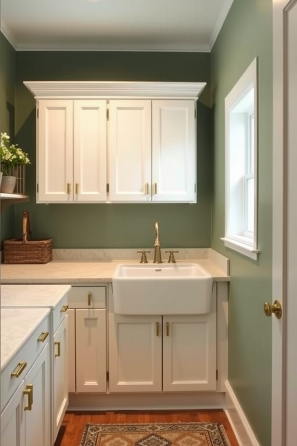 A cozy laundry room with muted forest green paint on the walls creates a serene and inviting atmosphere. The space features white cabinetry with brass hardware and a large farmhouse sink, complemented by a stylish countertop for added functionality.