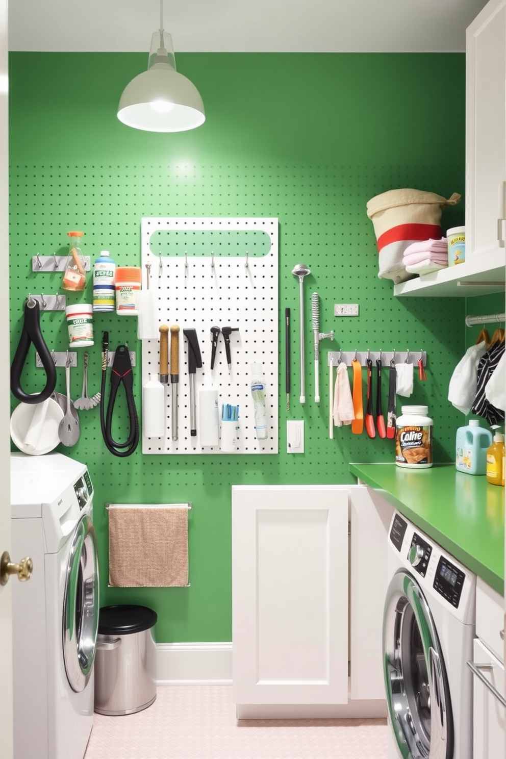 A vibrant green pegboard wall serves as a functional and stylish organizational feature in the laundry room. Various hooks and shelves are used to neatly store cleaning supplies and tools, creating an efficient workspace. The laundry room is designed with a bright and airy feel, featuring white cabinetry paired with a green countertop. Ample lighting illuminates the space, enhancing the cheerful atmosphere while providing a practical area for laundry tasks.