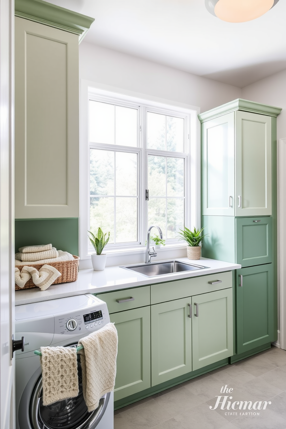 A serene laundry room featuring muted green walls that evoke a sense of rustic charm. The space is adorned with wooden shelves filled with neatly organized baskets and plants, creating a warm and inviting atmosphere.