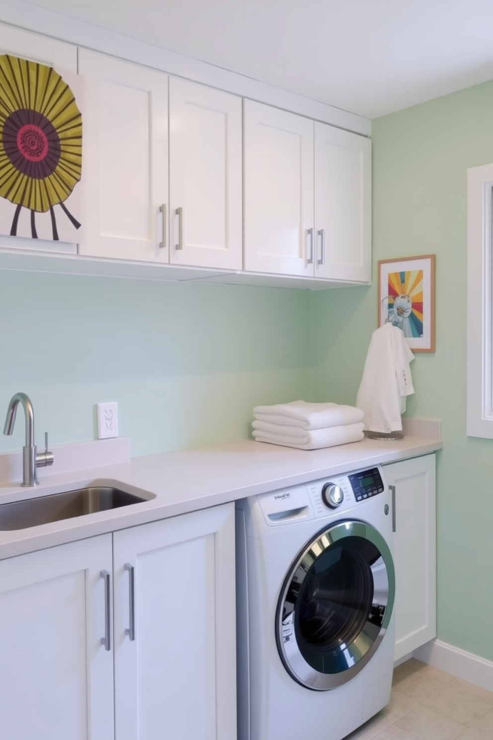 A bright and airy laundry room is adorned with green patterned curtains that add a vibrant pop of color to the space. The walls are painted in a soft white, complementing the natural light that streams in through the large window. A sleek, modern washer and dryer are neatly tucked away in a stylish cabinet with open shelving above for storage. Decorative baskets filled with laundry essentials sit neatly on the shelves, enhancing both functionality and aesthetics.