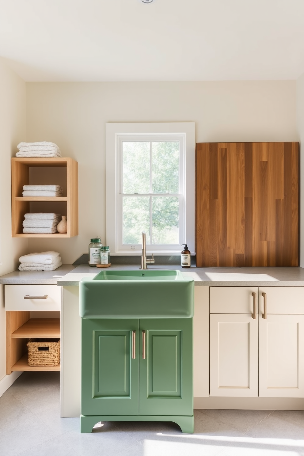 A green laundry sink with a stylish faucet is the centerpiece of this modern laundry room. The walls are painted in a soft cream color, and the floor is adorned with light gray tiles for a clean and fresh look. To the left of the sink, there are open wooden shelves displaying neatly folded towels and laundry supplies. A large window allows natural light to flood the space, enhancing the inviting atmosphere.