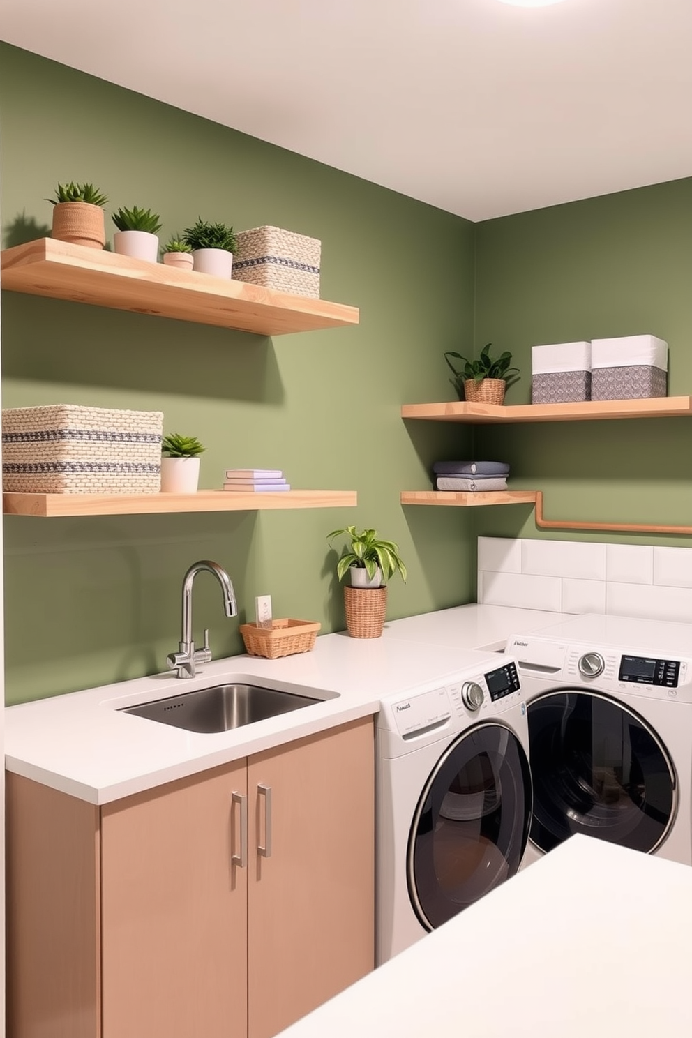 Natural wood shelves are mounted on the green walls, providing a warm and inviting contrast. The shelves are adorned with potted plants and decorative storage baskets, enhancing the room's functionality and style. The laundry room features a sleek white countertop with a built-in sink, complemented by modern appliances. Soft lighting illuminates the space, creating a bright and cheerful atmosphere perfect for laundry tasks.