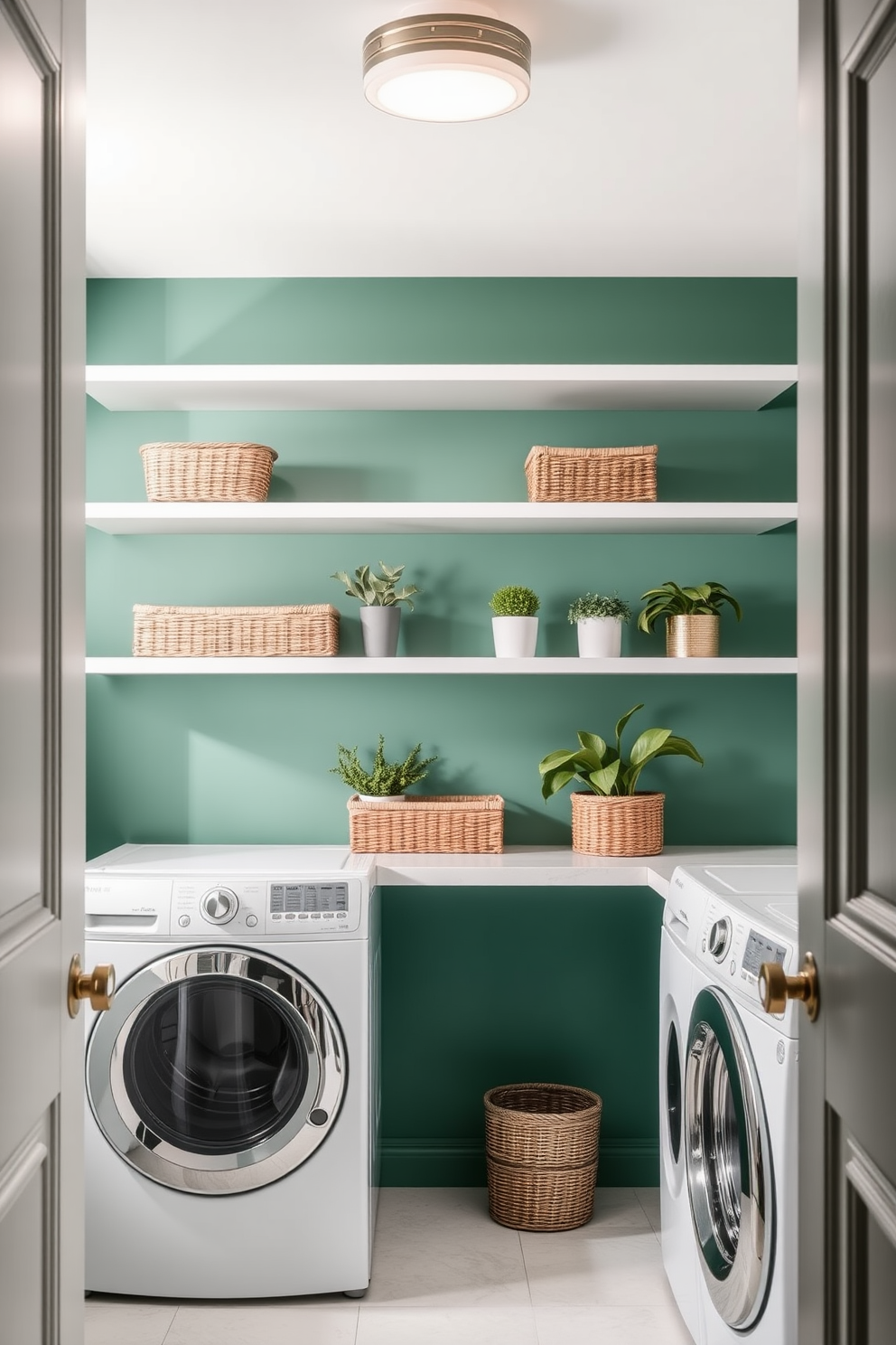 A stylish laundry room featuring deep green walls that create a rich and inviting atmosphere. Light wood accents are incorporated through cabinetry and shelving, providing a warm contrast to the dark walls. The space includes a modern washer and dryer set seamlessly integrated into the cabinetry. Decorative plants and woven baskets add a touch of nature and organization to the overall design.