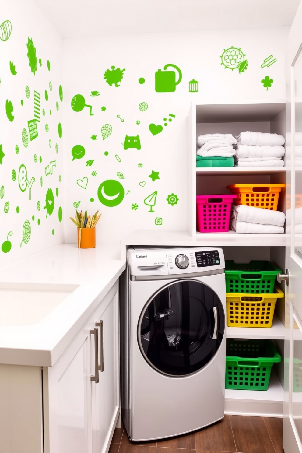 A vibrant laundry room filled with energy. The walls are adorned with playful green wall decals featuring whimsical patterns and shapes. A sleek white countertop complements the green accents. Storage solutions are creatively integrated, with open shelves displaying neatly folded towels and colorful laundry baskets.