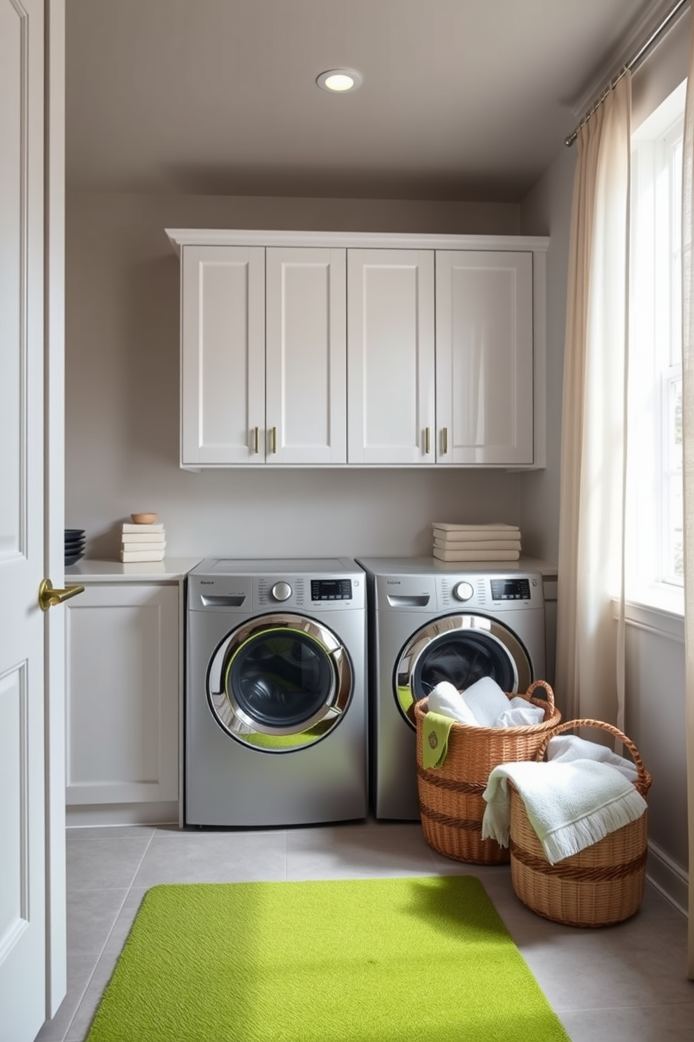 A vibrant green accent wall serves as the focal point of the laundry room, creating a fresh and inviting atmosphere. Stylish storage solutions, including sleek cabinets and open shelving, provide ample space for organizing laundry essentials while enhancing the room's aesthetic appeal. Incorporating a modern washer and dryer set, the layout is both functional and visually pleasing. Decorative baskets and plants add a touch of personality, making the laundry room a delightful space to work in.