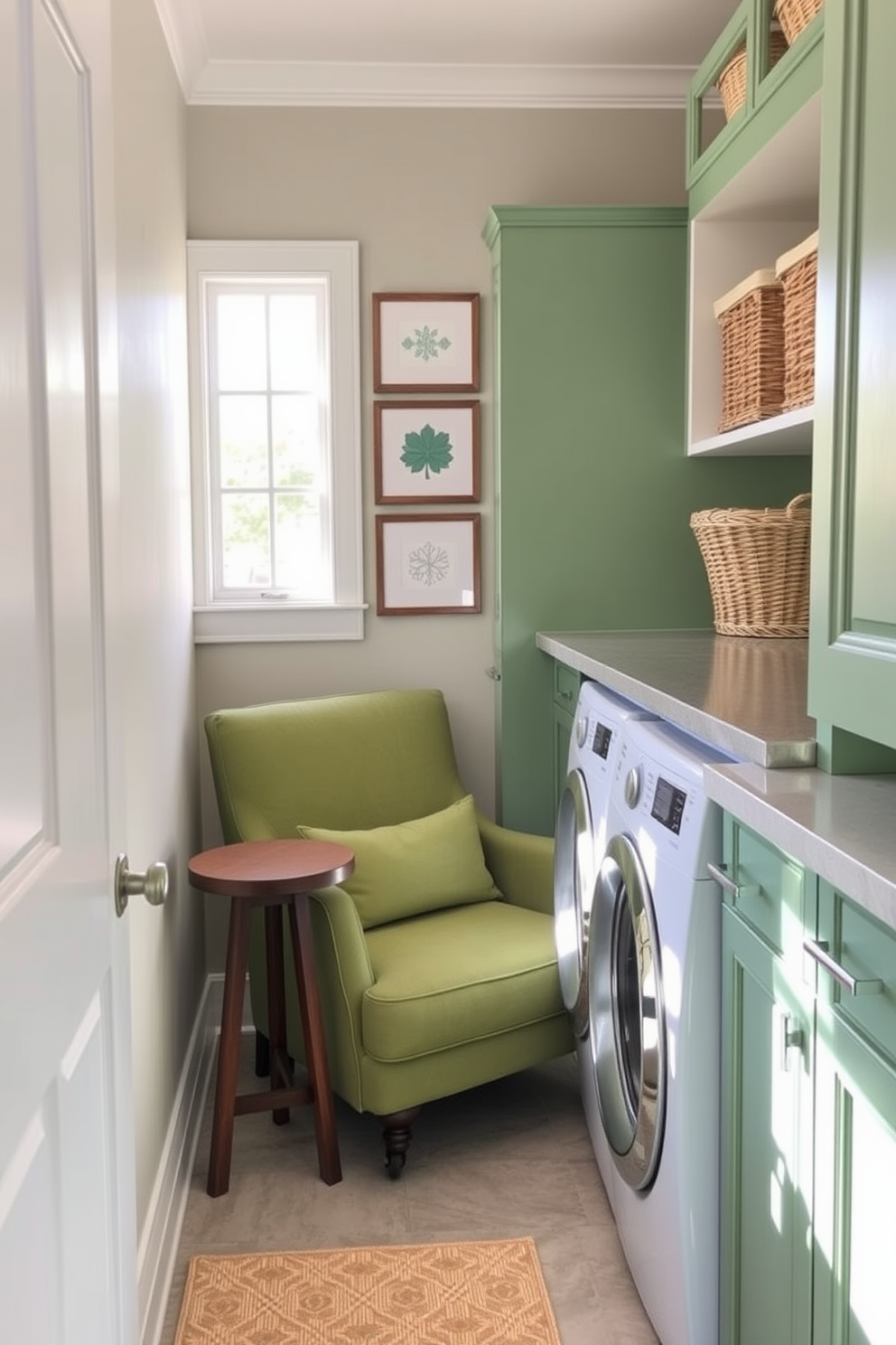 A cozy nook features a green accent chair upholstered in soft fabric, positioned beside a small wooden side table. Natural light filters through a nearby window, illuminating the space and creating a warm and inviting atmosphere. The laundry room is designed with green cabinetry that complements the bright white appliances. A spacious countertop provides ample space for folding clothes, while decorative baskets add a touch of organization and style.