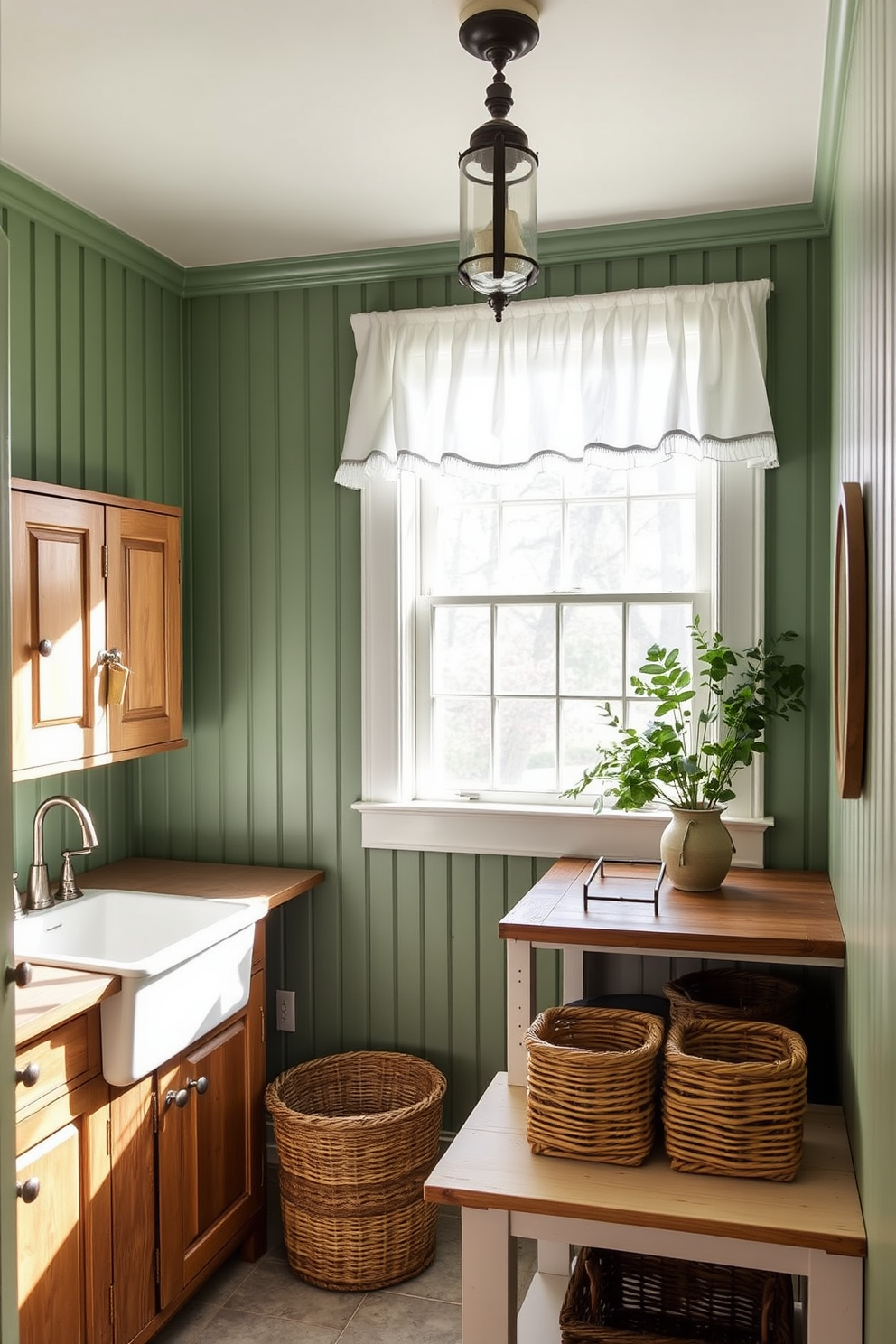 A bright and cheerful laundry room features green and white striped wallpaper that adds a playful touch to the space. The room is equipped with a spacious countertop for folding clothes, complemented by open shelving displaying colorful storage baskets. A sleek washing machine and dryer are neatly tucked away behind cabinetry, while a small potted plant adds a refreshing burst of greenery. The floor is adorned with a light-colored tile that enhances the room's airy feel, making laundry day a little more enjoyable.