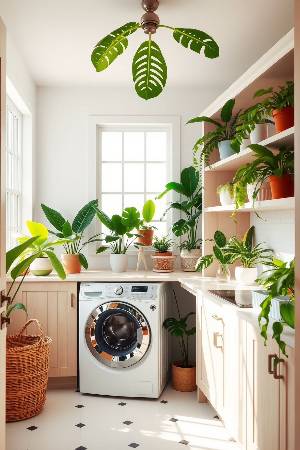 A serene laundry room featuring soft mint green walls that create a calming atmosphere. Cozy textiles like plush towels and a soft rug add warmth and comfort to the space. The room includes a stylish wooden countertop for folding clothes and a sleek washer and dryer tucked away in cabinetry. Decorative baskets made of natural fibers provide storage while enhancing the room's inviting aesthetic.