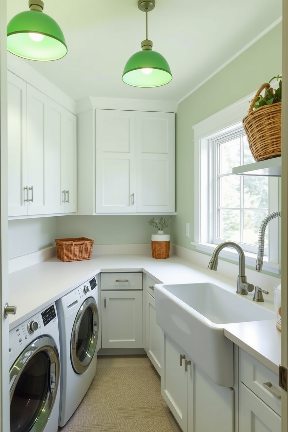 A bright and airy laundry room featuring vibrant green accents against a neutral palette. The walls are painted a soft beige, while the cabinetry is a crisp white with green hardware for a pop of color. The space includes a large farmhouse sink with a brushed nickel faucet, surrounded by open shelving displaying neatly folded towels and potted plants. A woven basket sits on the floor, adding texture, and the room is illuminated by natural light streaming through a window with sheer white curtains.