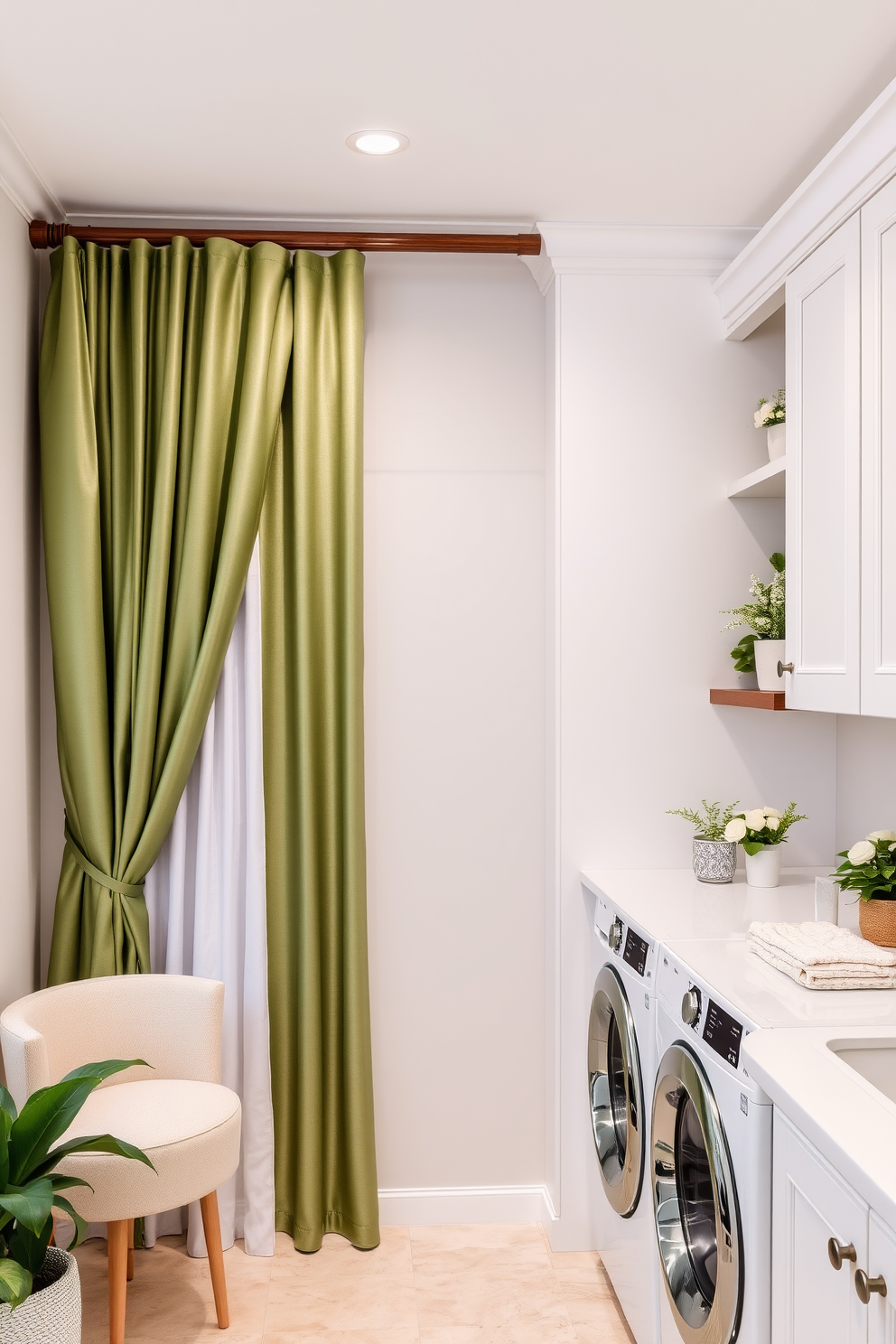 Elegant green curtains drape gracefully from a polished wooden rod, adding a touch of sophistication to the space. The fabric features a subtle texture that catches the light beautifully, enhancing the room's luxurious ambiance. The laundry room is designed with a modern aesthetic, featuring sleek white cabinetry and a spacious countertop for folding clothes. Accents of greenery, such as potted plants, bring life to the space, while smart storage solutions keep everything organized and accessible.