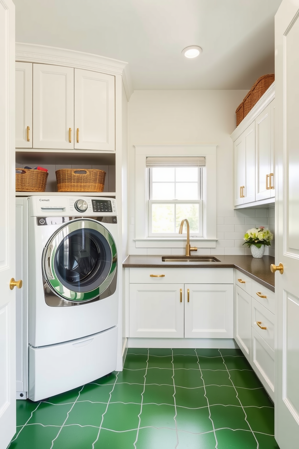 A vibrant laundry room featuring bold green floor tiles that create a striking statement. The walls are painted in a soft white, complementing the rich green and enhancing the room's brightness. Incorporate sleek white cabinetry with gold hardware for an elegant touch. A stylish countertop provides ample workspace, while decorative baskets add organization and charm.