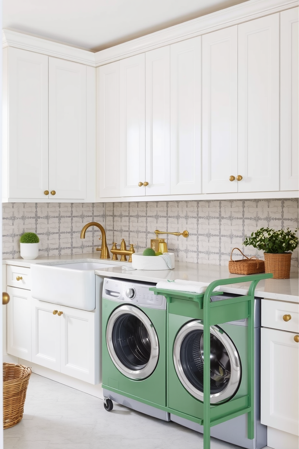 A stylish laundry room featuring a dark green and gray color scheme. The walls are painted in a rich dark green, complemented by sleek gray cabinetry that offers ample storage space. A modern washer and dryer are seamlessly integrated into the cabinetry, with a countertop above for folding clothes. Decorative elements include potted plants and woven baskets that add warmth and texture to the space.