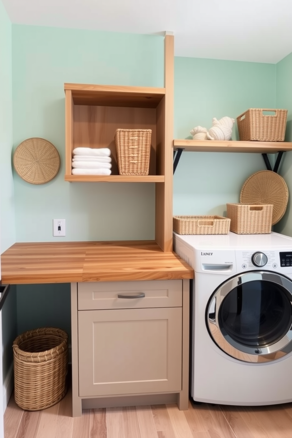 Light mint walls paired with warm wood accents create a refreshing and inviting atmosphere. The laundry room features a spacious countertop made of reclaimed wood, providing ample space for sorting and folding clothes. A stylish washer and dryer are seamlessly integrated into the design, surrounded by open shelving for easy access to laundry essentials. Decorative baskets in natural fibers add texture and organization, completing the look of this functional yet beautiful laundry space.