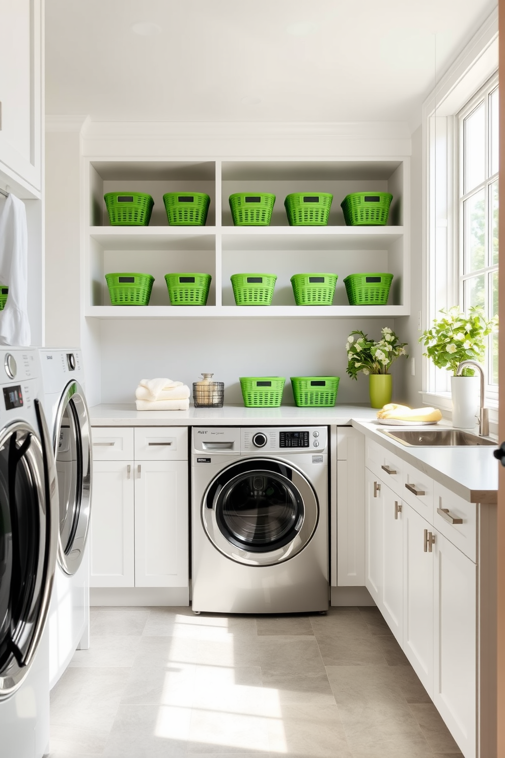 A light green laundry room features mosaic tiles that create a unique and refreshing atmosphere. The space includes a sleek white washer and dryer set, complemented by a wooden folding table and ample storage cabinets.